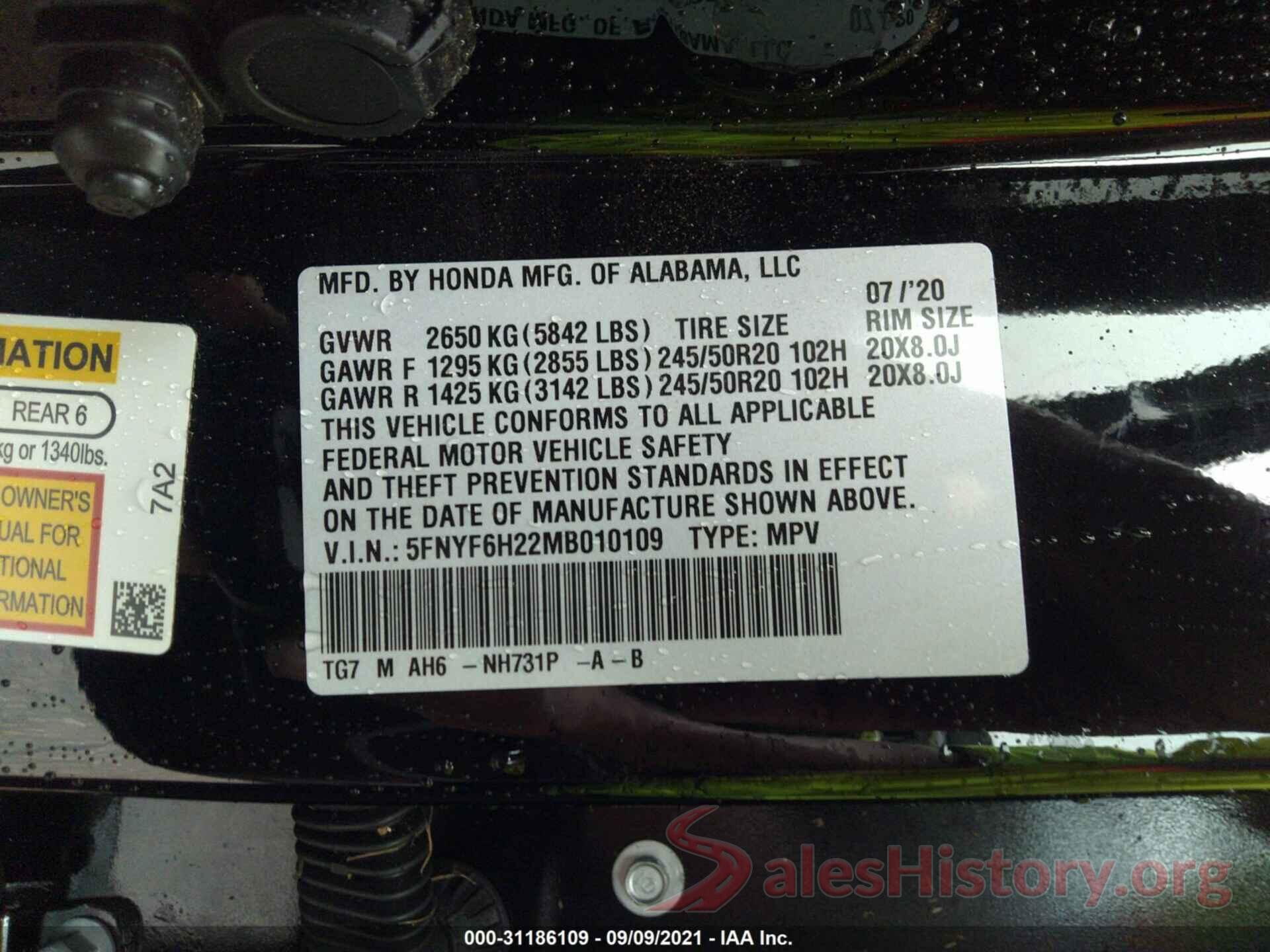 5FNYF6H22MB010109 2021 HONDA PILOT