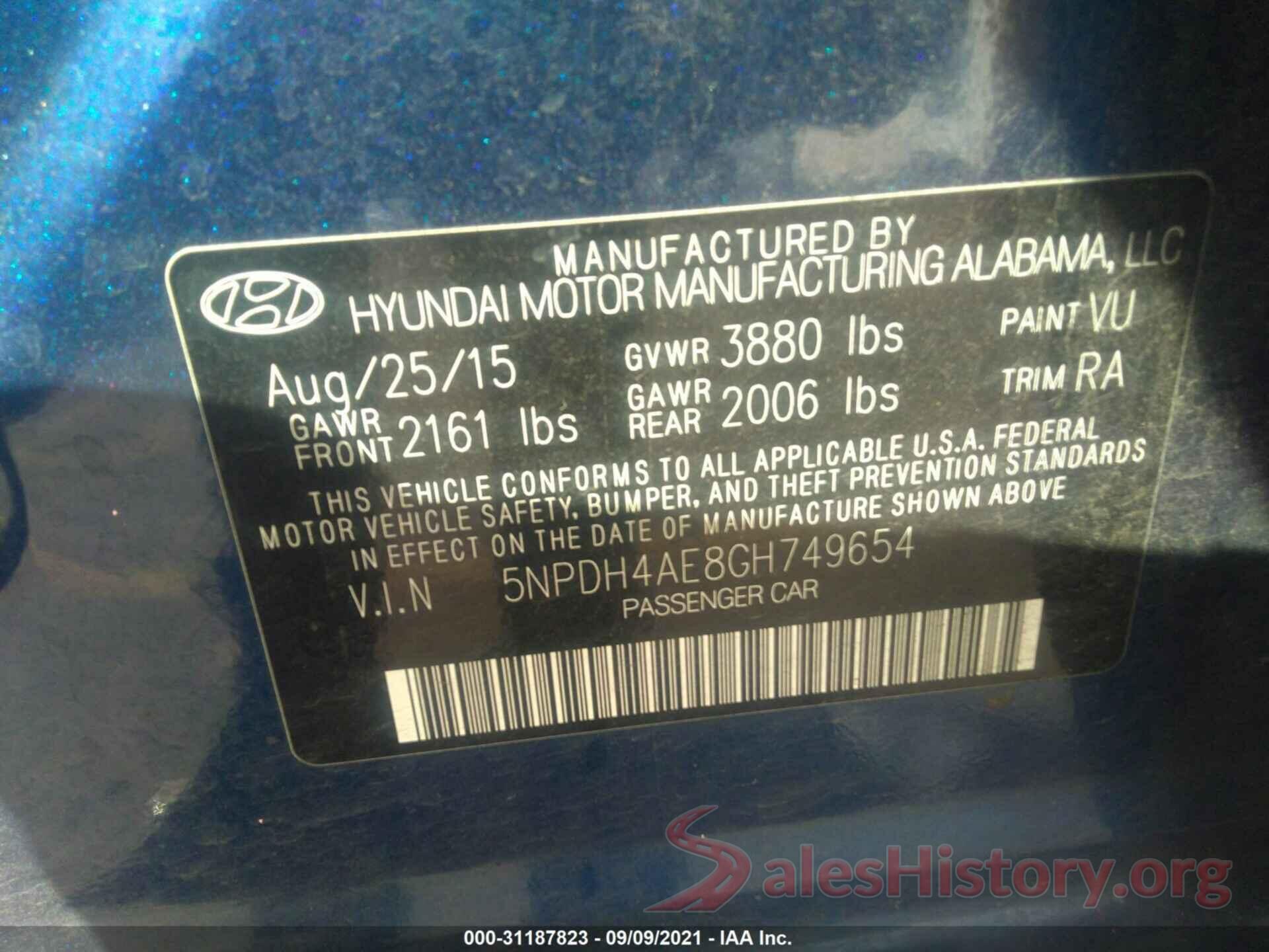 5NPDH4AE8GH749654 2016 HYUNDAI ELANTRA