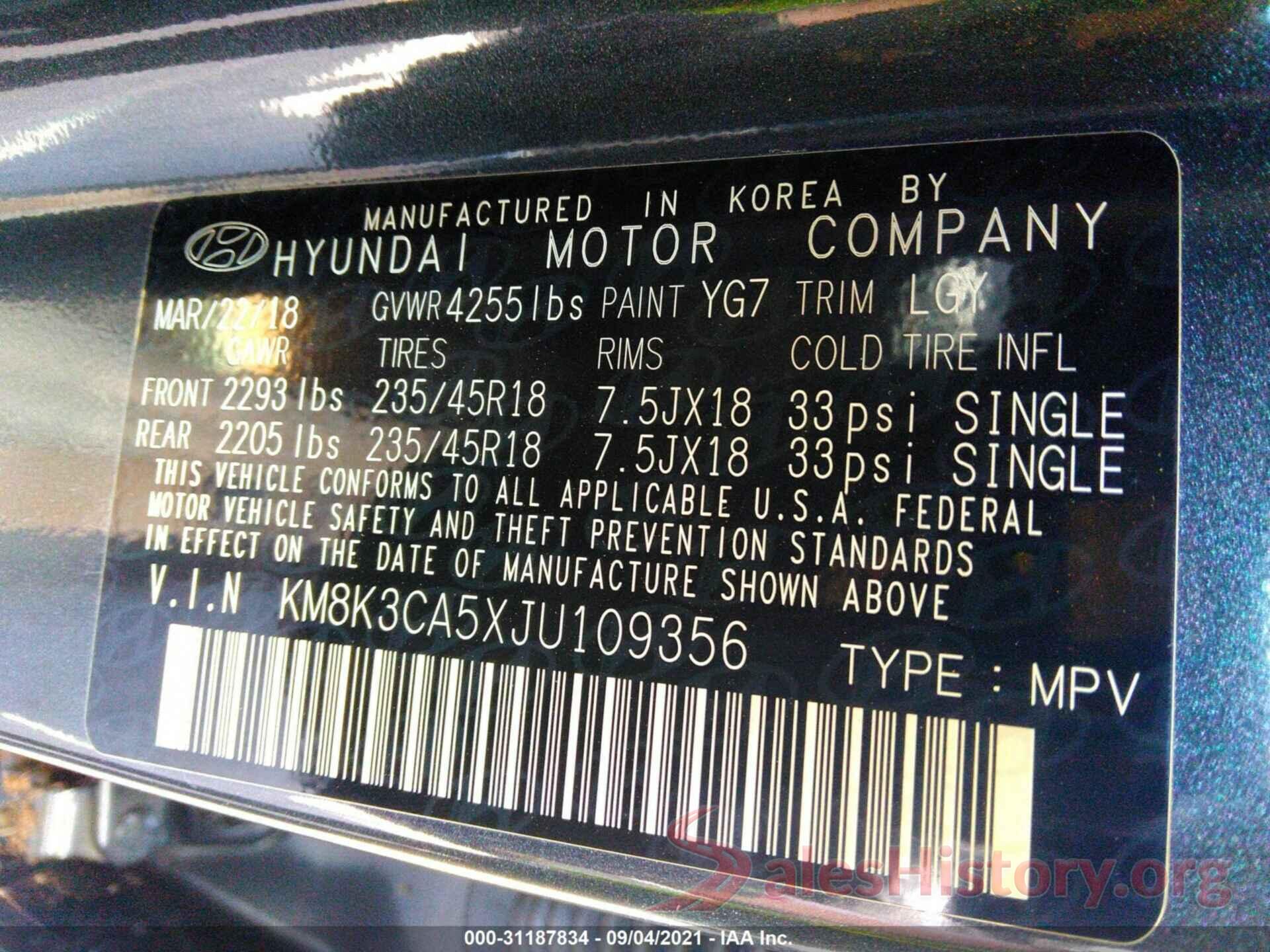 KM8K3CA5XJU109356 2018 HYUNDAI KONA