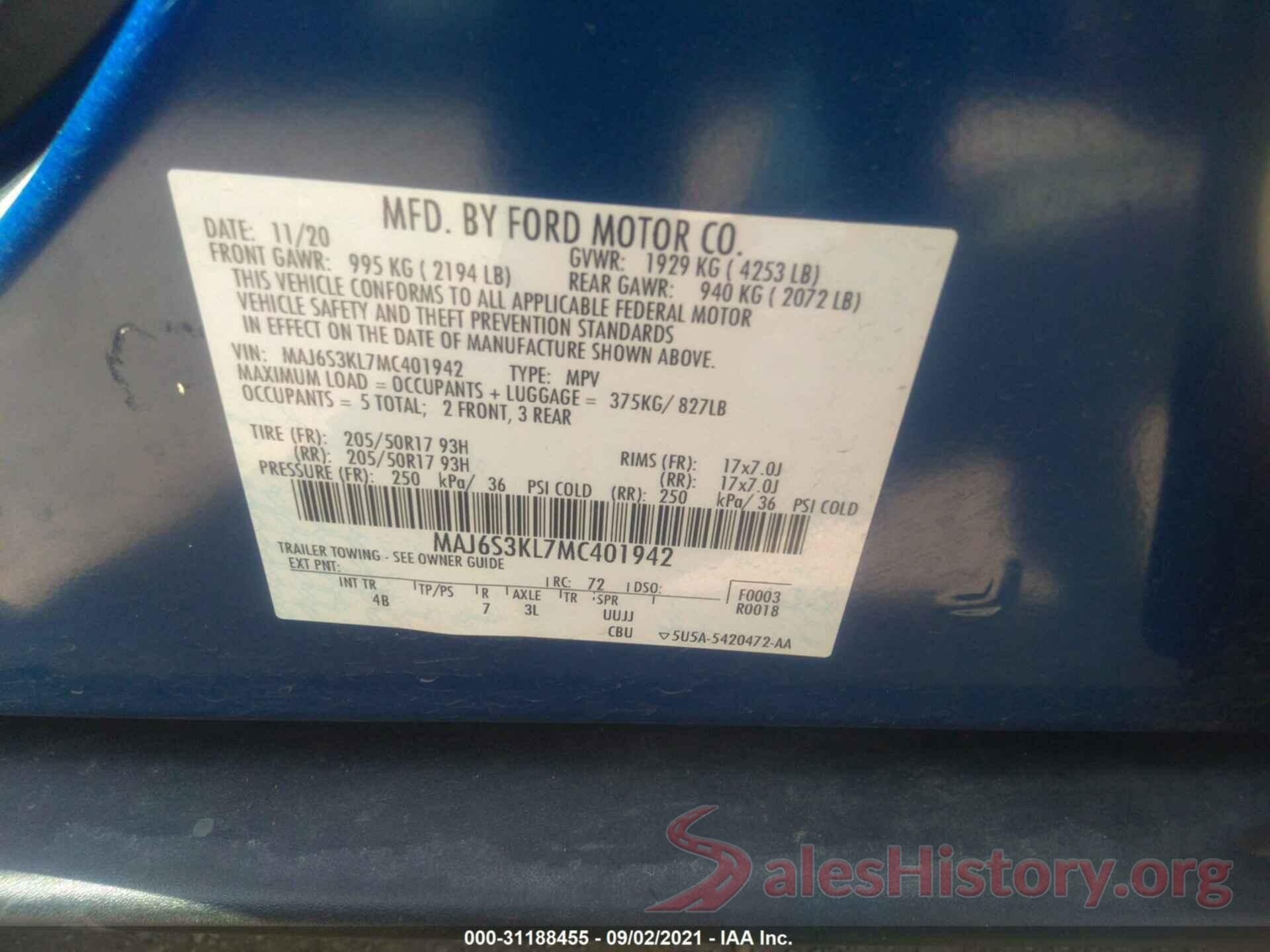 MAJ6S3KL7MC401942 2021 FORD ECOSPORT