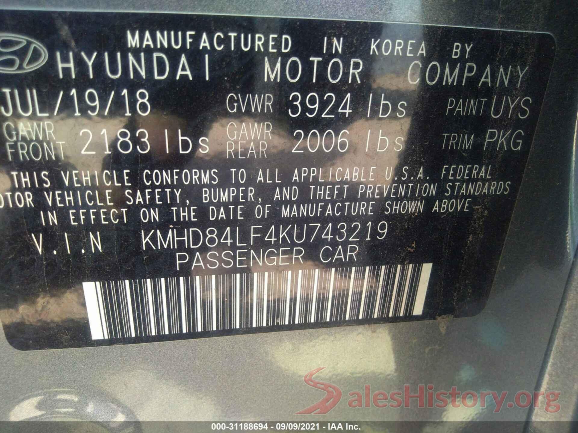 KMHD84LF4KU743219 2019 HYUNDAI ELANTRA