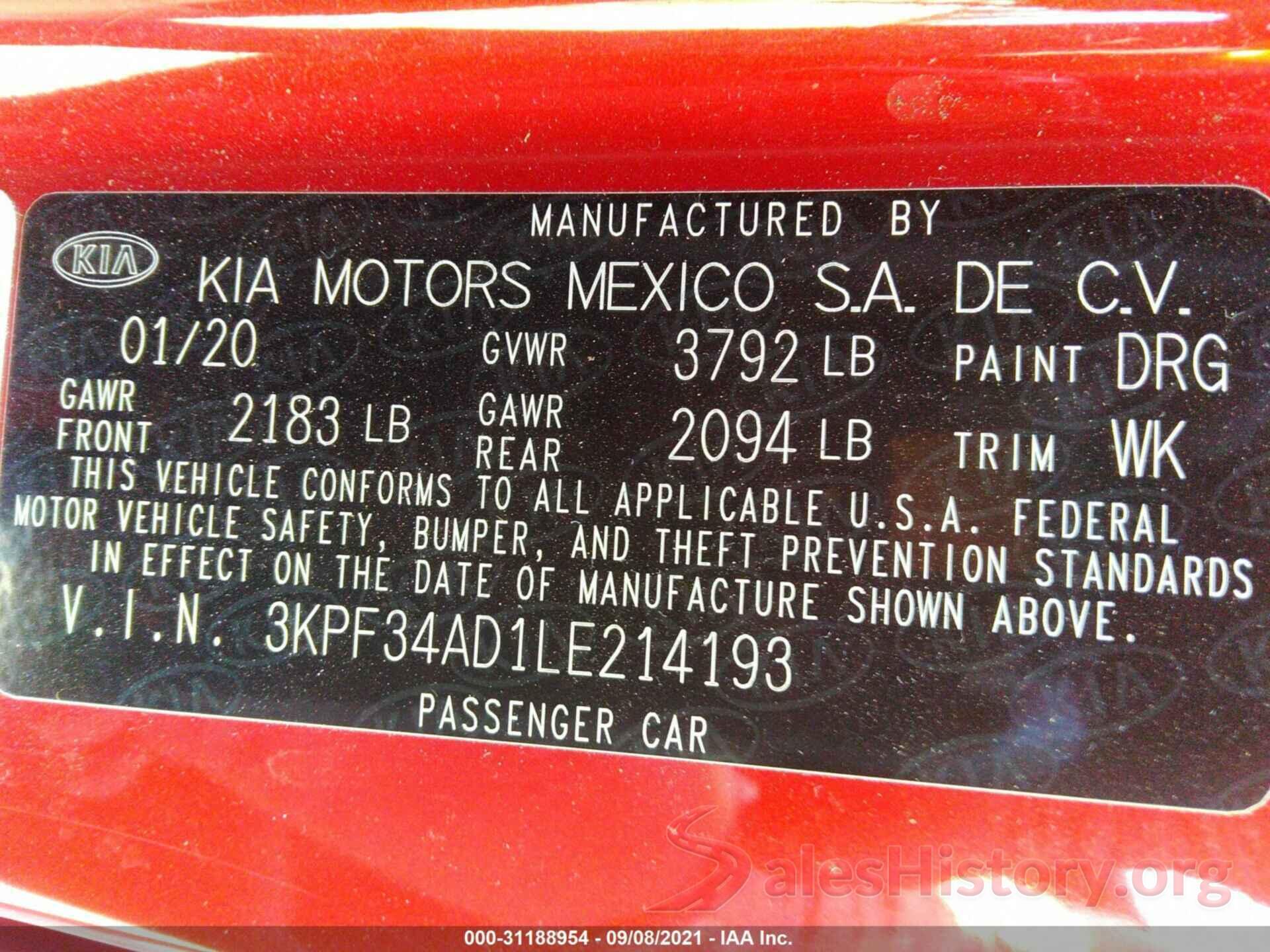 3KPF34AD1LE214193 2020 KIA FORTE