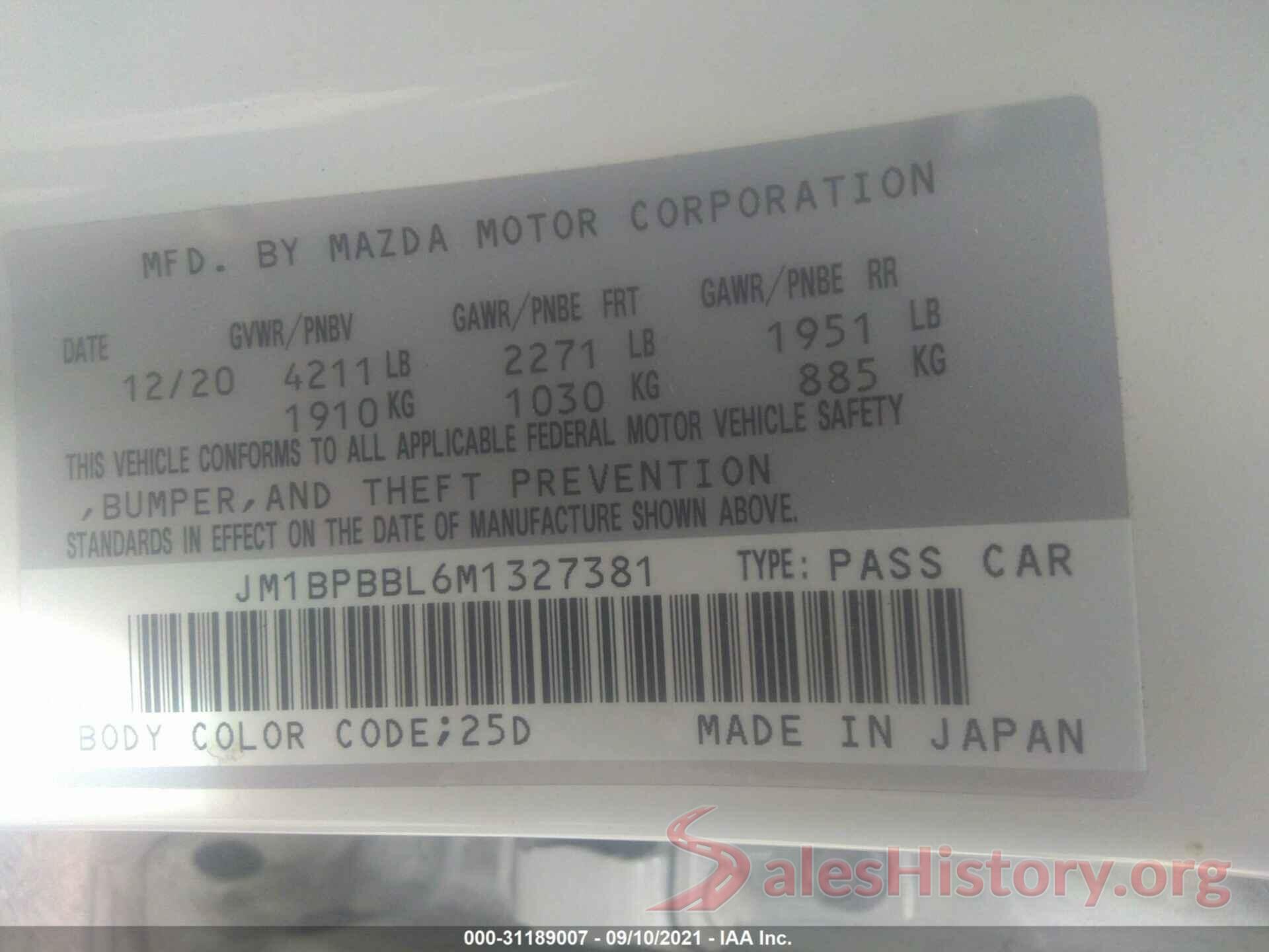 JM1BPBBL6M1327381 2021 MAZDA MAZDA3 SEDAN