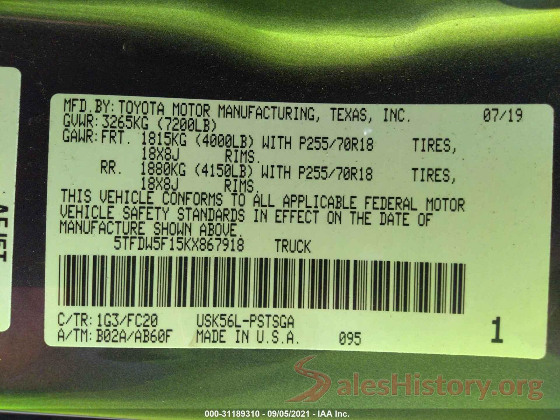 5TFDW5F15KX867918 2019 TOYOTA TUNDRA 4WD