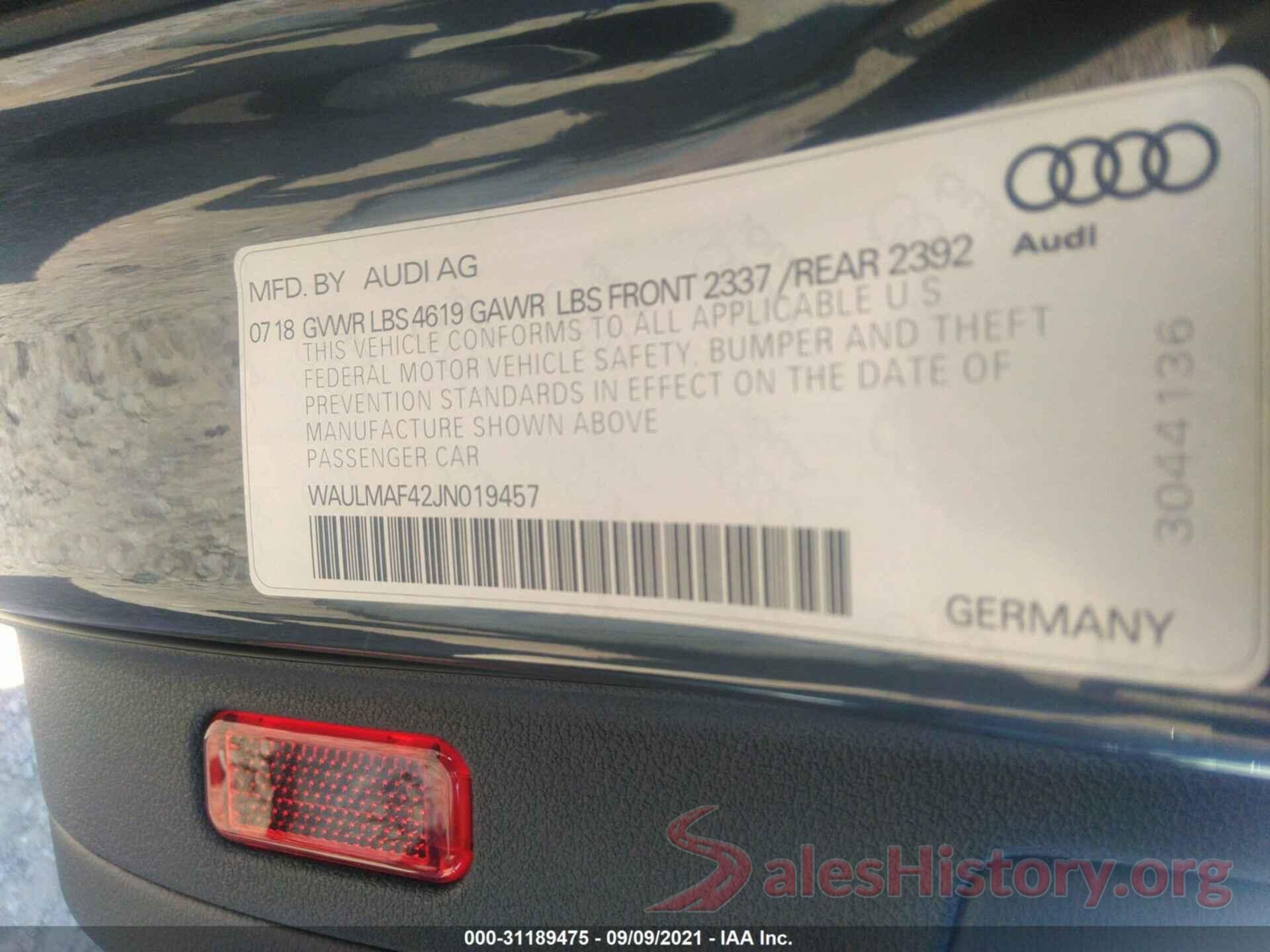 WAULMAF42JN019457 2018 AUDI A4