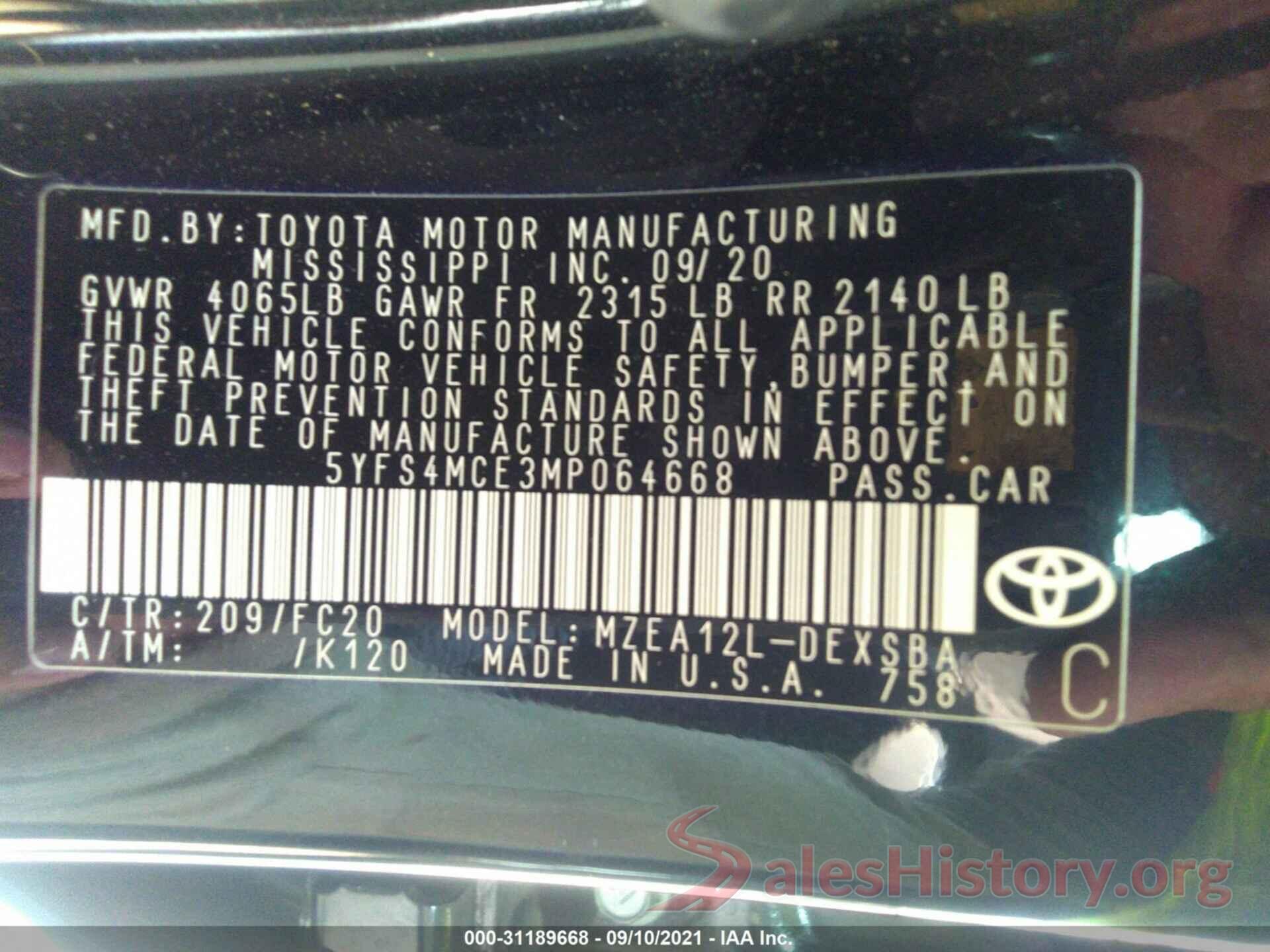 5YFS4MCE3MP064668 2021 TOYOTA COROLLA