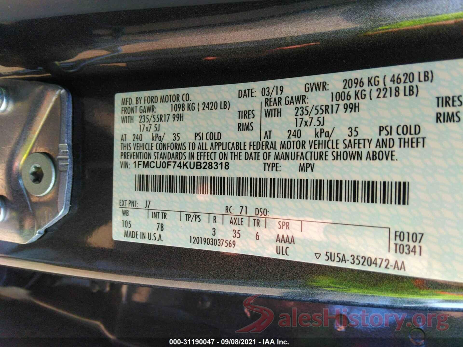 1FMCU0F74KUB28318 2019 FORD ESCAPE