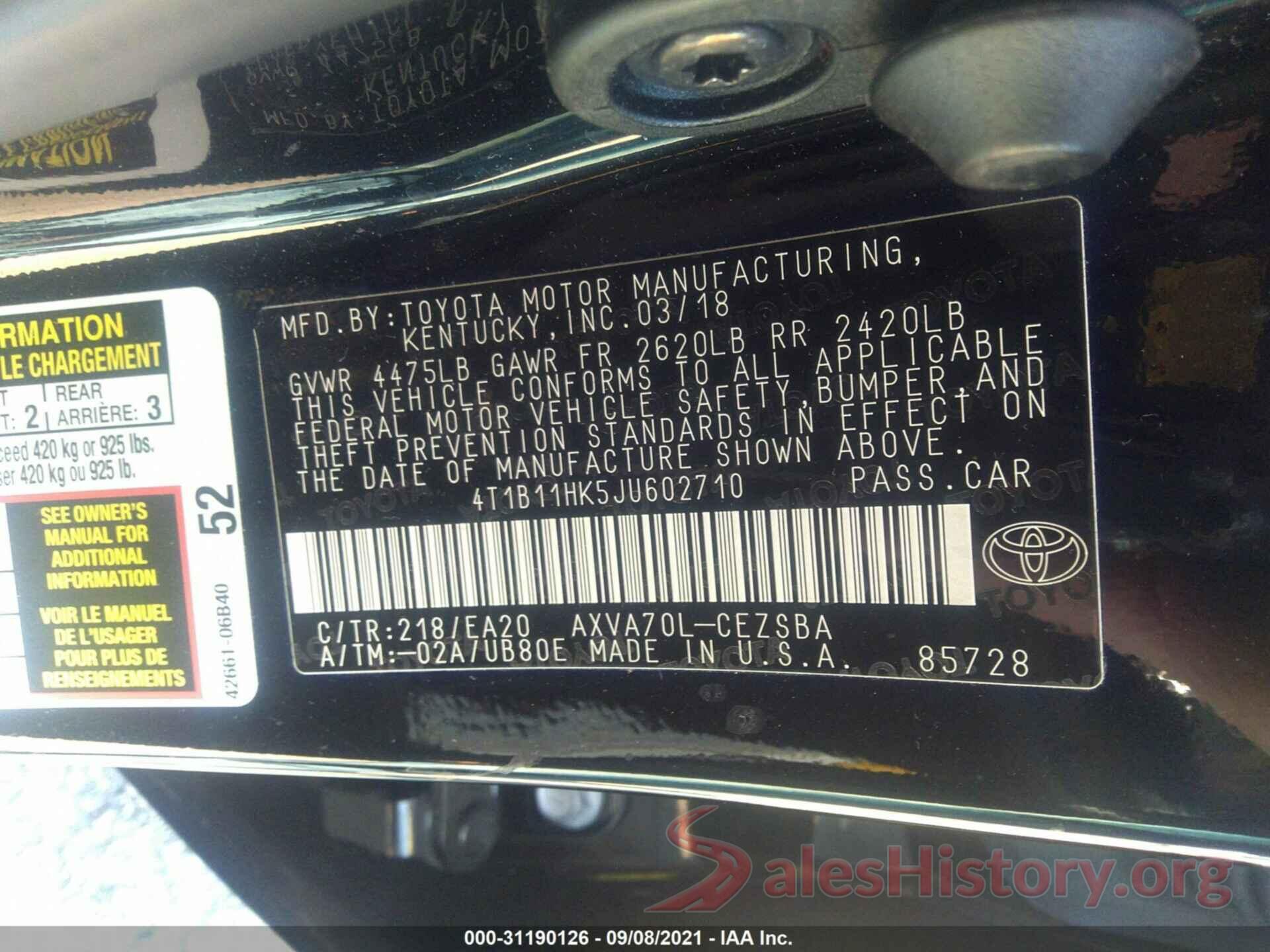 4T1B11HK5JU602710 2018 TOYOTA CAMRY