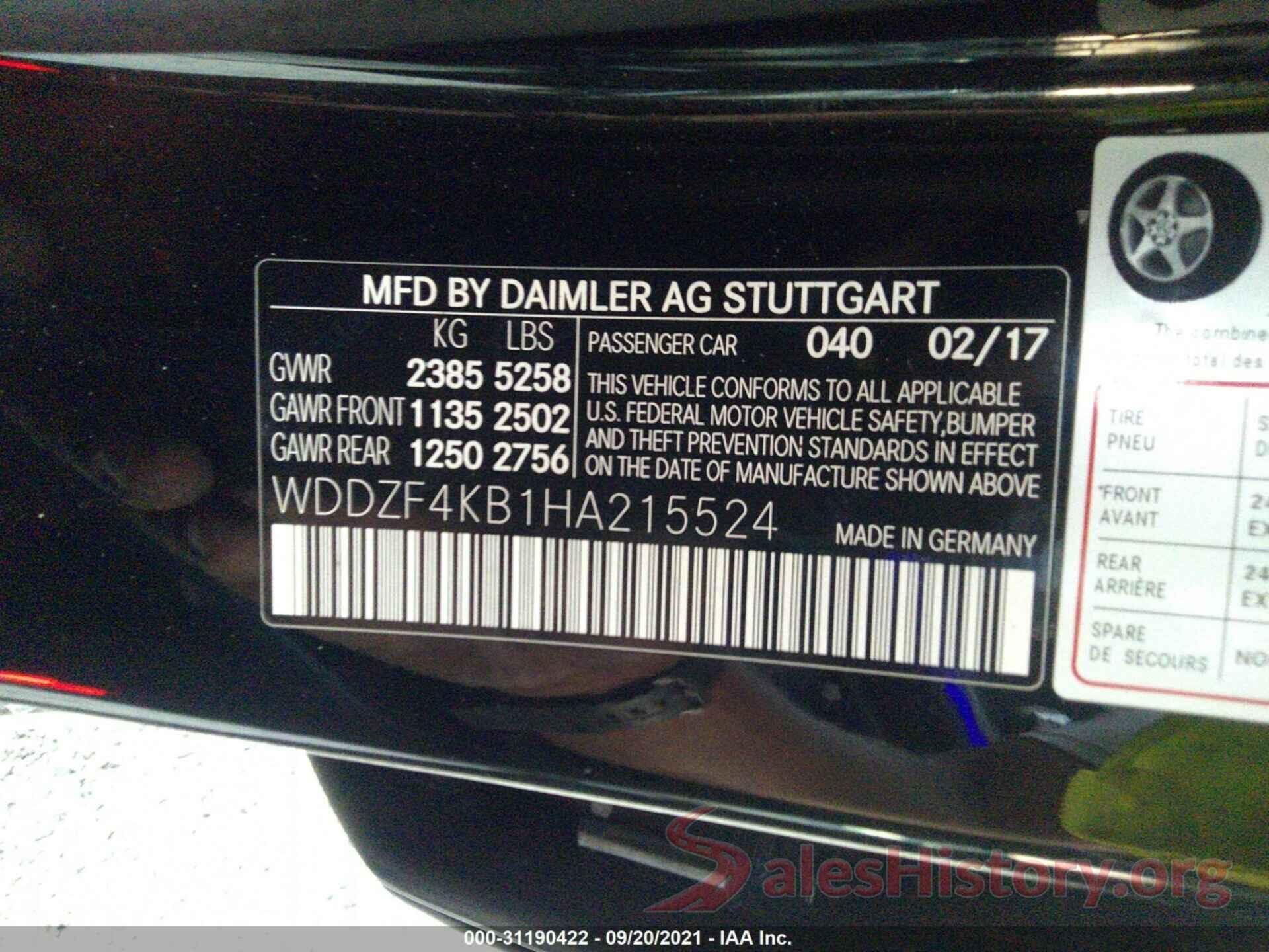 WDDZF4KB1HA215524 2017 MERCEDES-BENZ E-CLASS