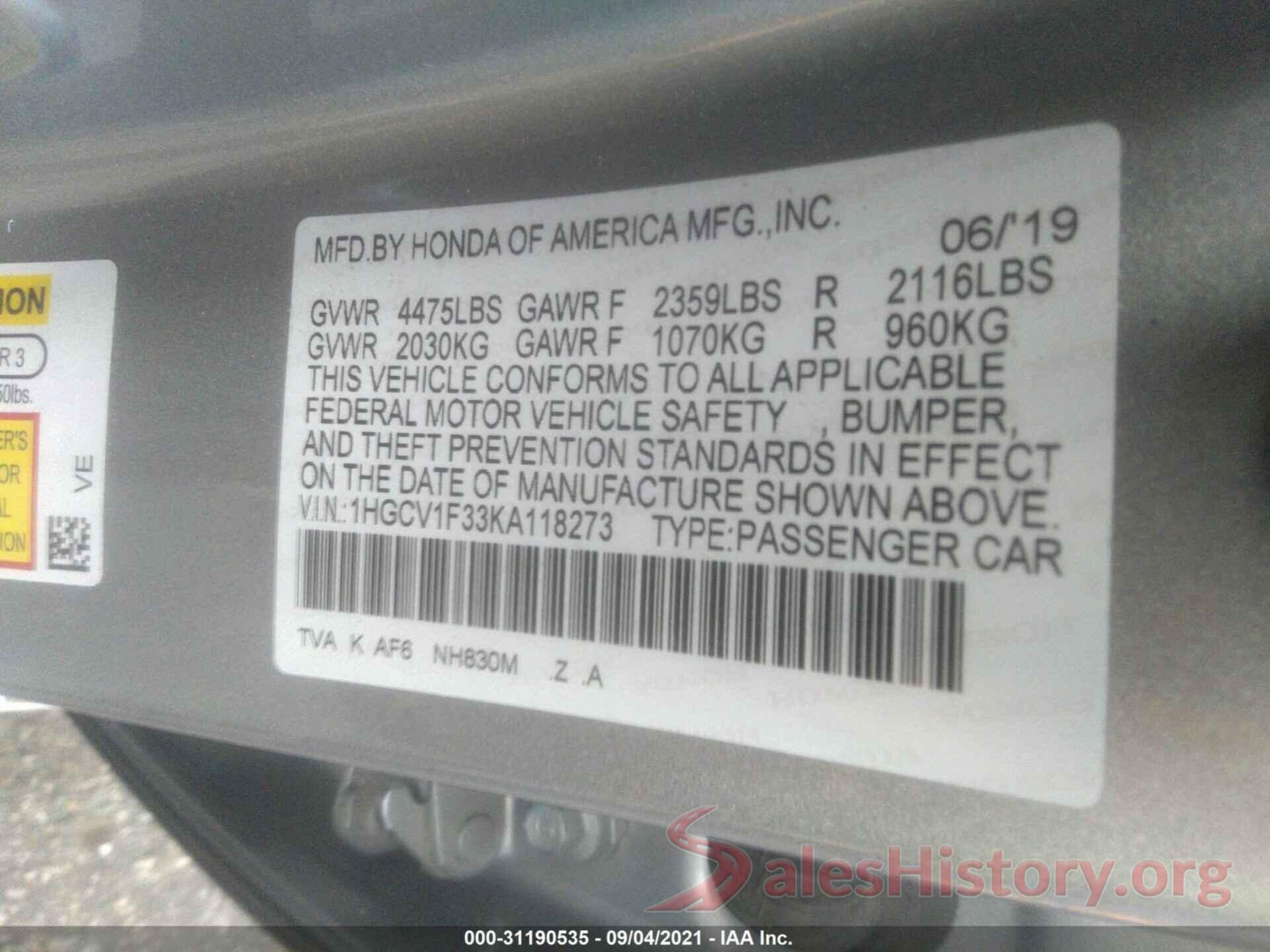 1HGCV1F33KA118273 2019 HONDA ACCORD SEDAN