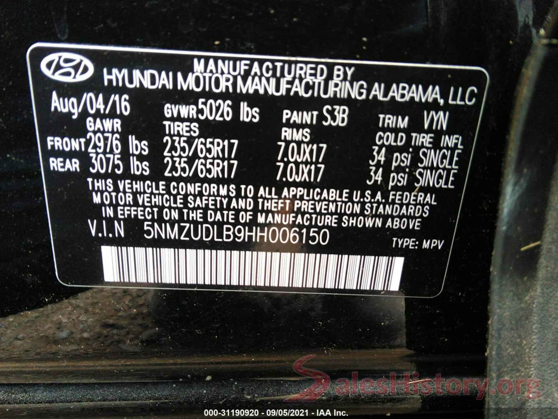 5NMZUDLB9HH006150 2017 HYUNDAI SANTA FE SPORT