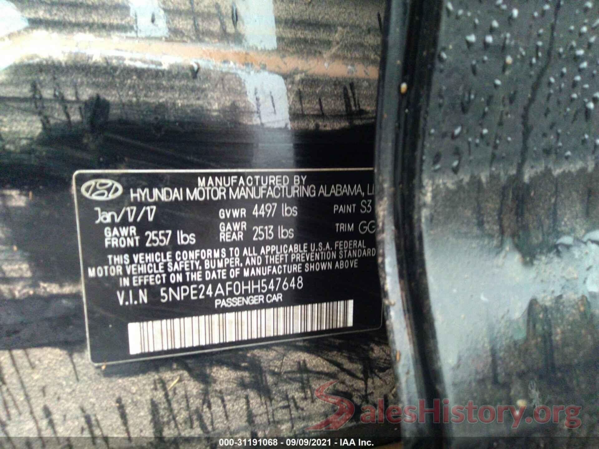 5NPE24AF0HH547648 2017 HYUNDAI SONATA