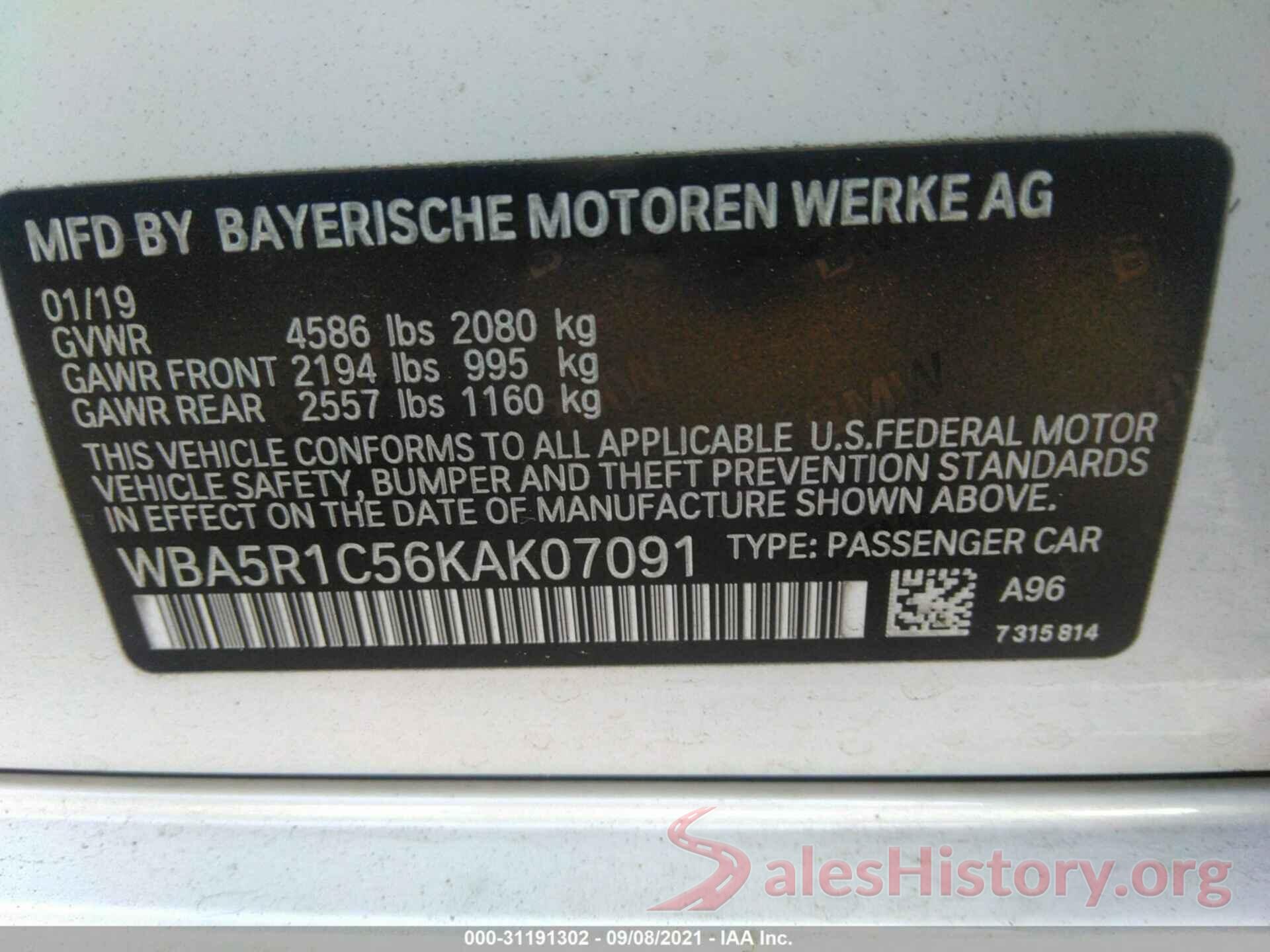 WBA5R1C56KAK07091 2019 BMW 3 SERIES