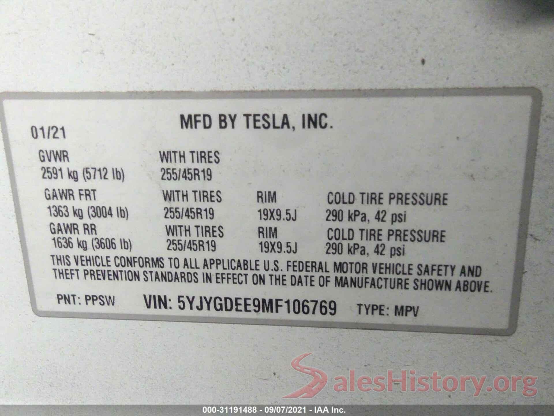 5YJYGDEE9MF106769 2021 TESLA MODEL Y