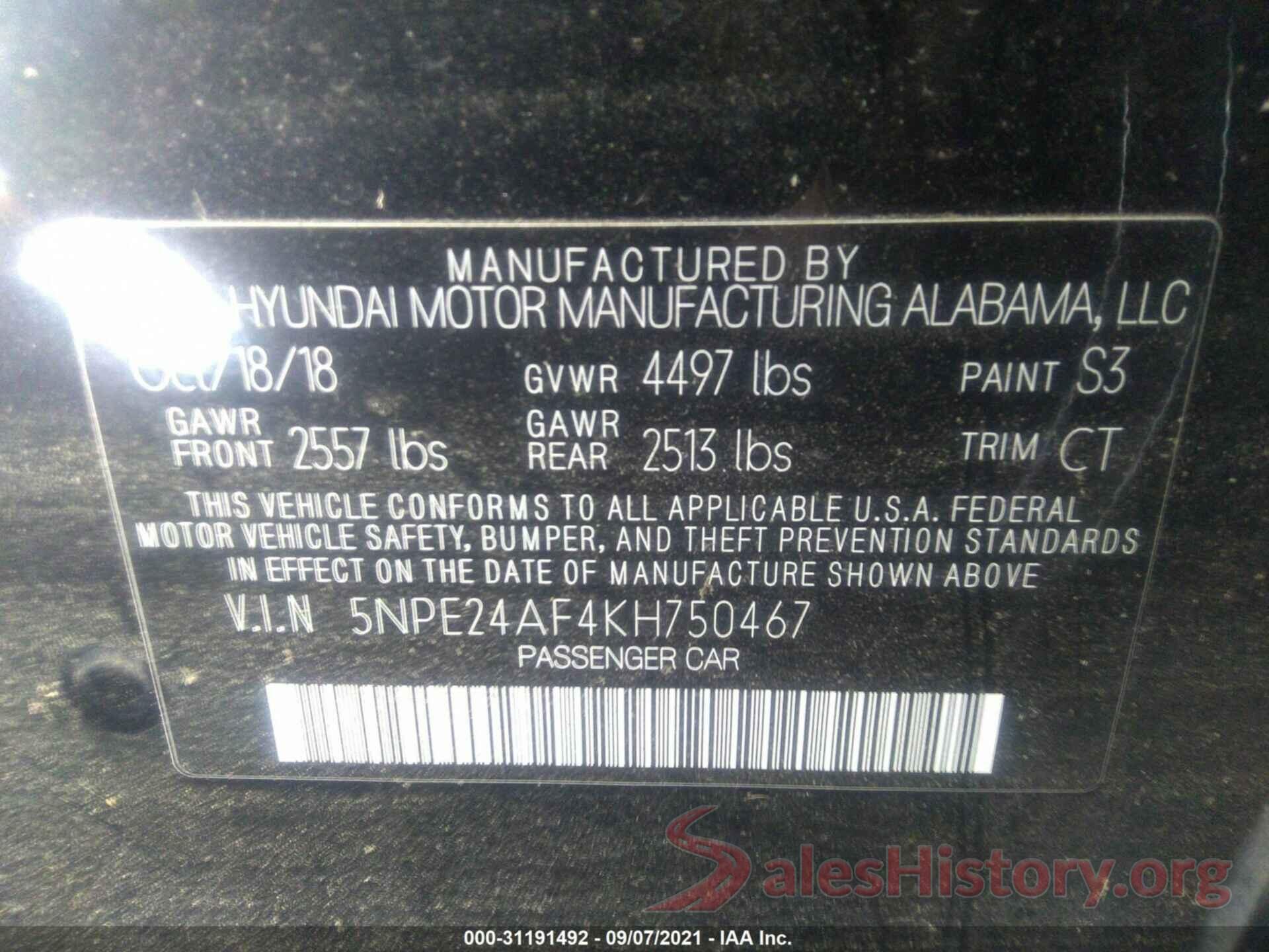 5NPE24AF4KH750467 2019 HYUNDAI SONATA