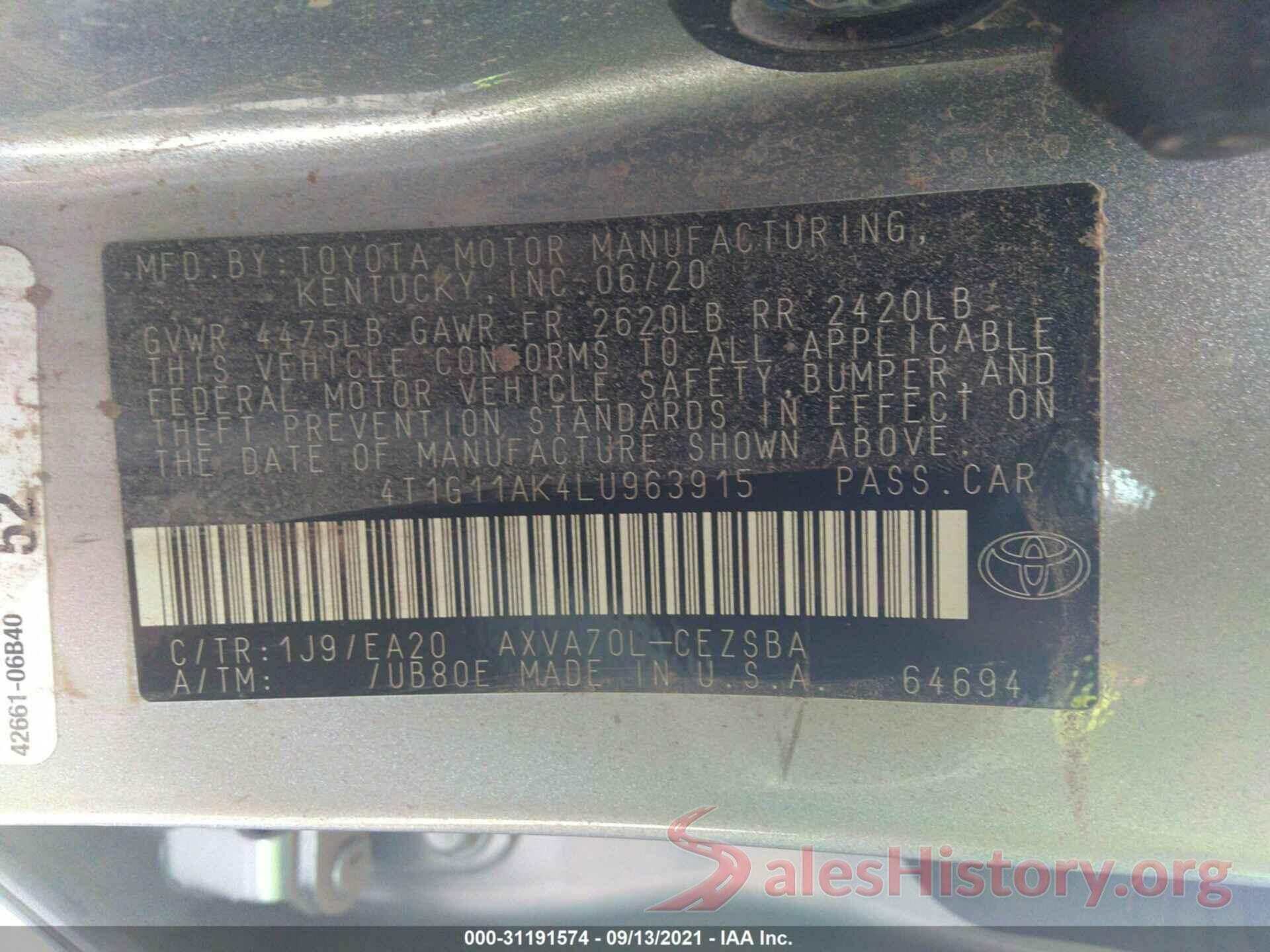 4T1G11AK4LU963915 2020 TOYOTA CAMRY