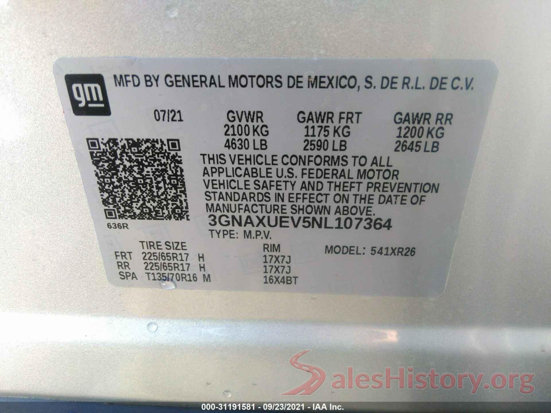 3GNAXUEV5NL107364 2022 CHEVROLET EQUINOX