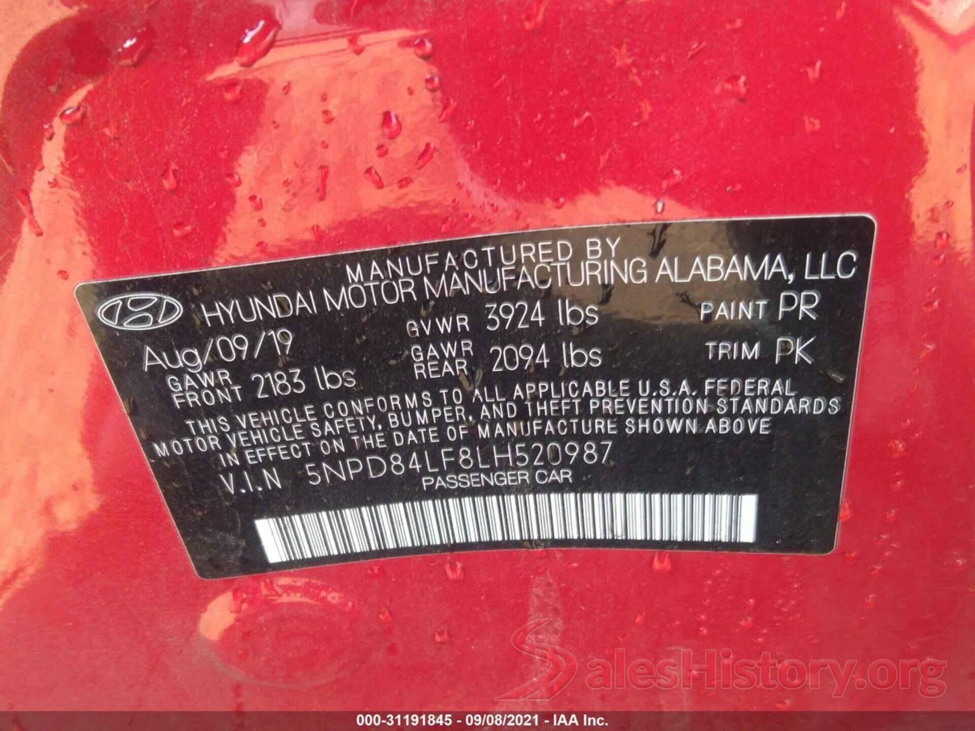 5NPD84LF8LH520987 2020 HYUNDAI ELANTRA