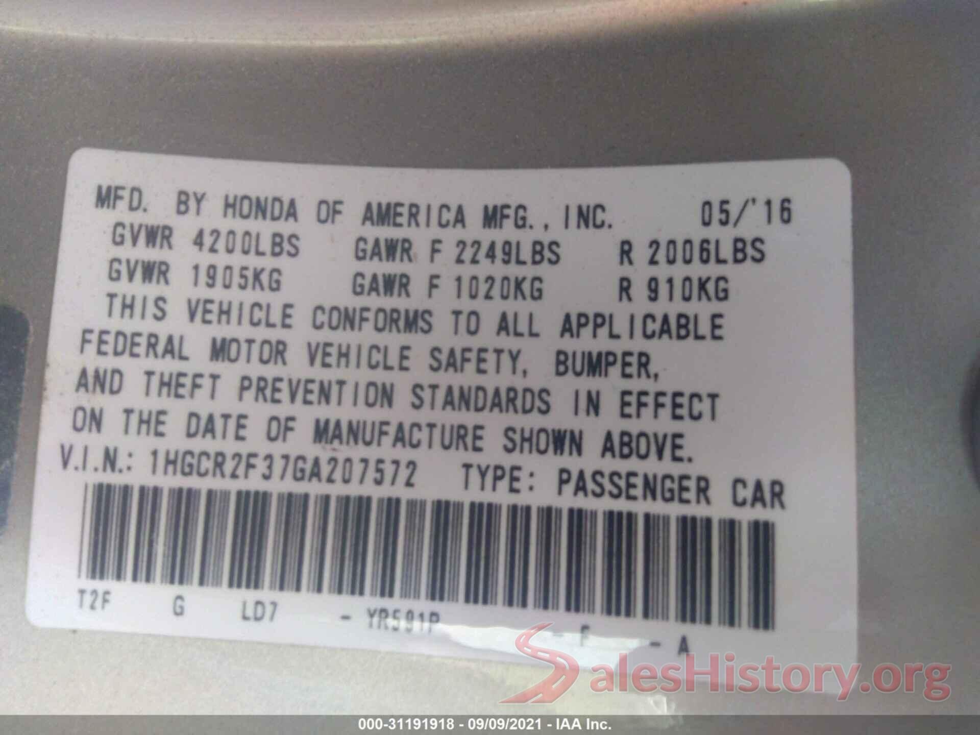 1HGCR2F37GA207572 2016 HONDA ACCORD SEDAN