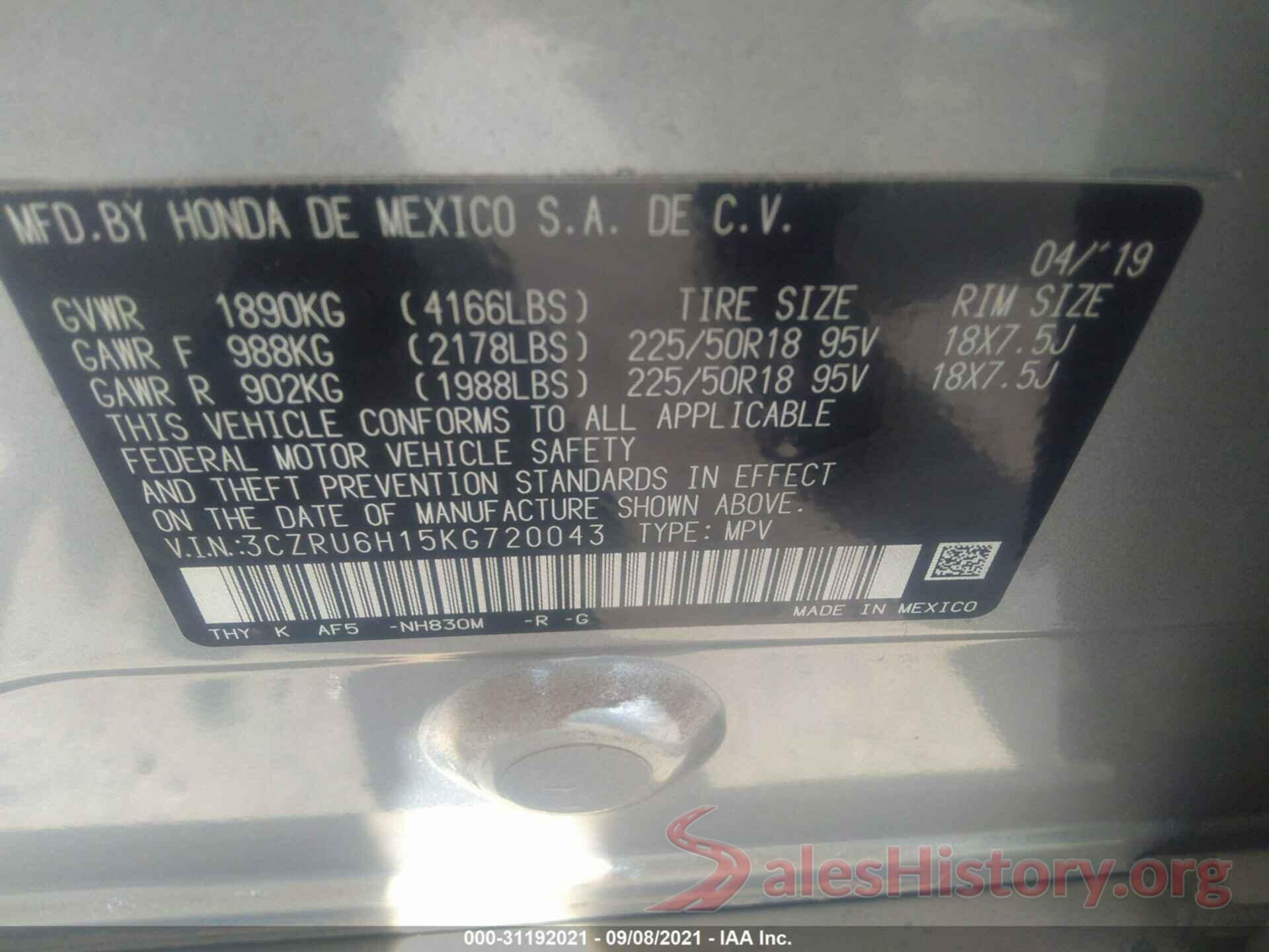 3CZRU6H15KG720043 2019 HONDA HR-V