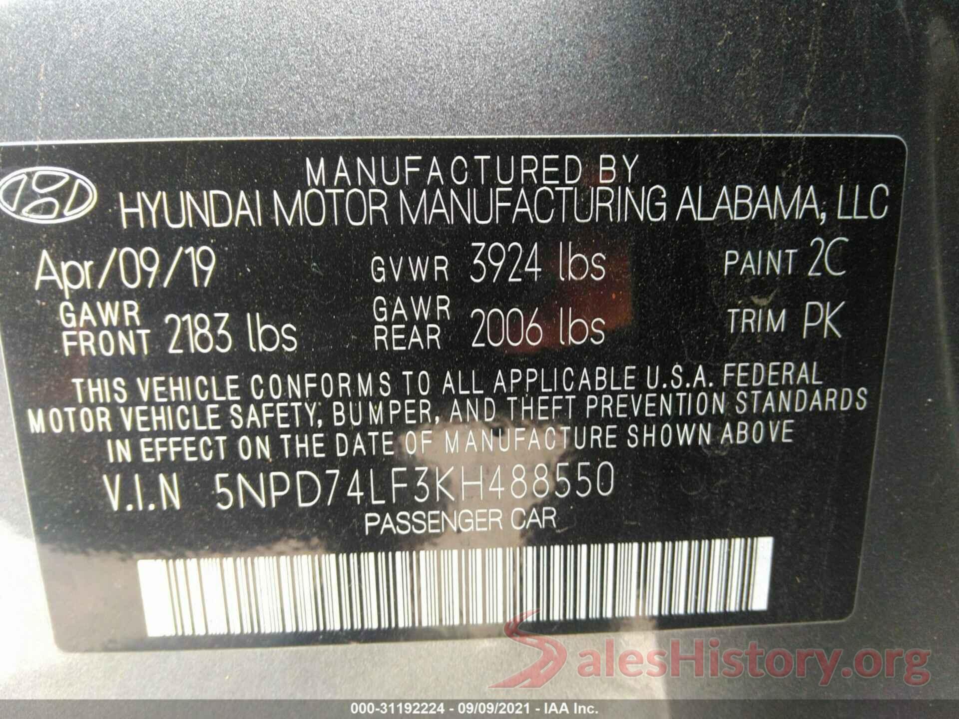 5NPD74LF3KH488550 2019 HYUNDAI ELANTRA