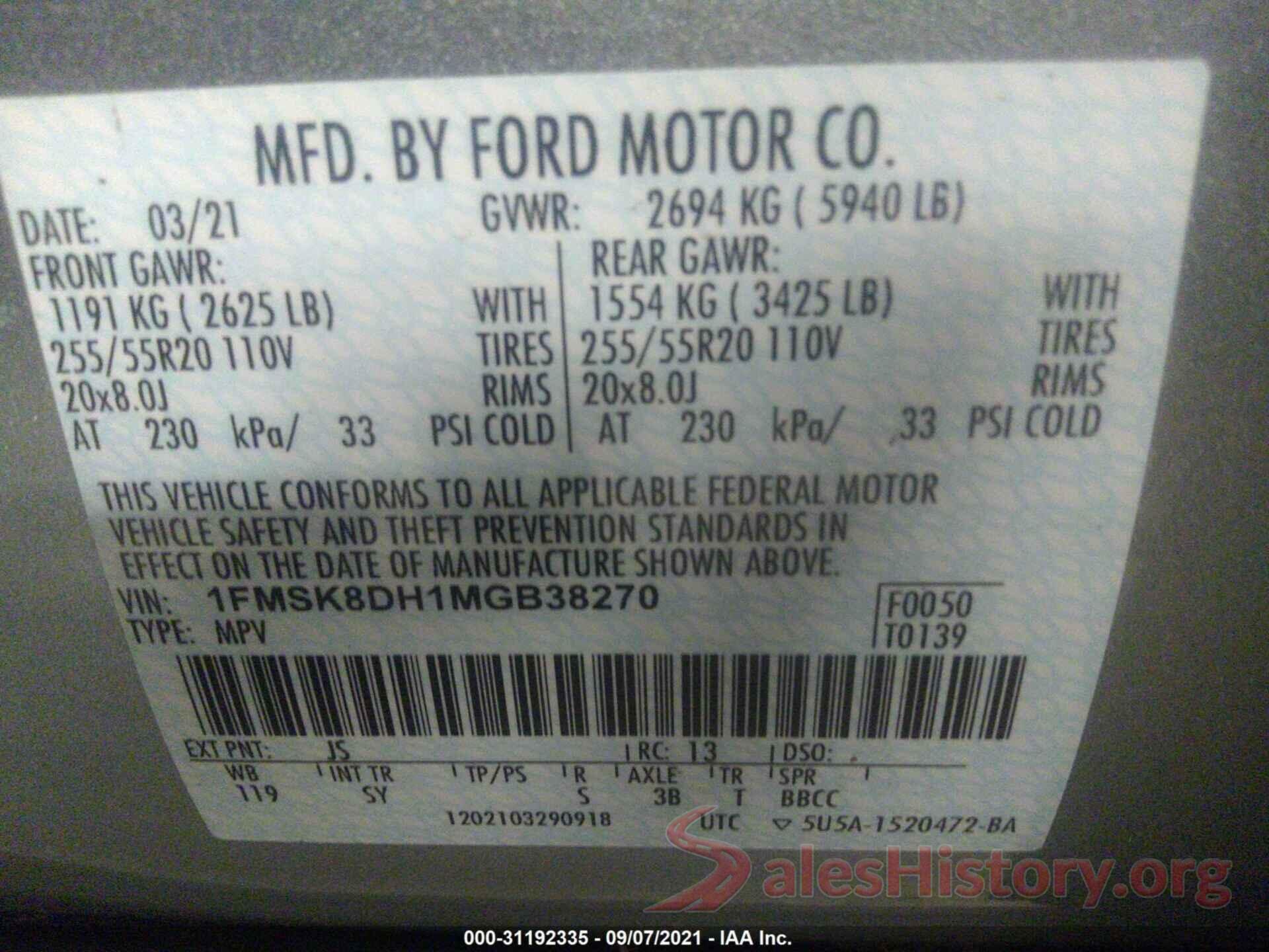 1FMSK8DH1MGB38270 2021 FORD EXPLORER