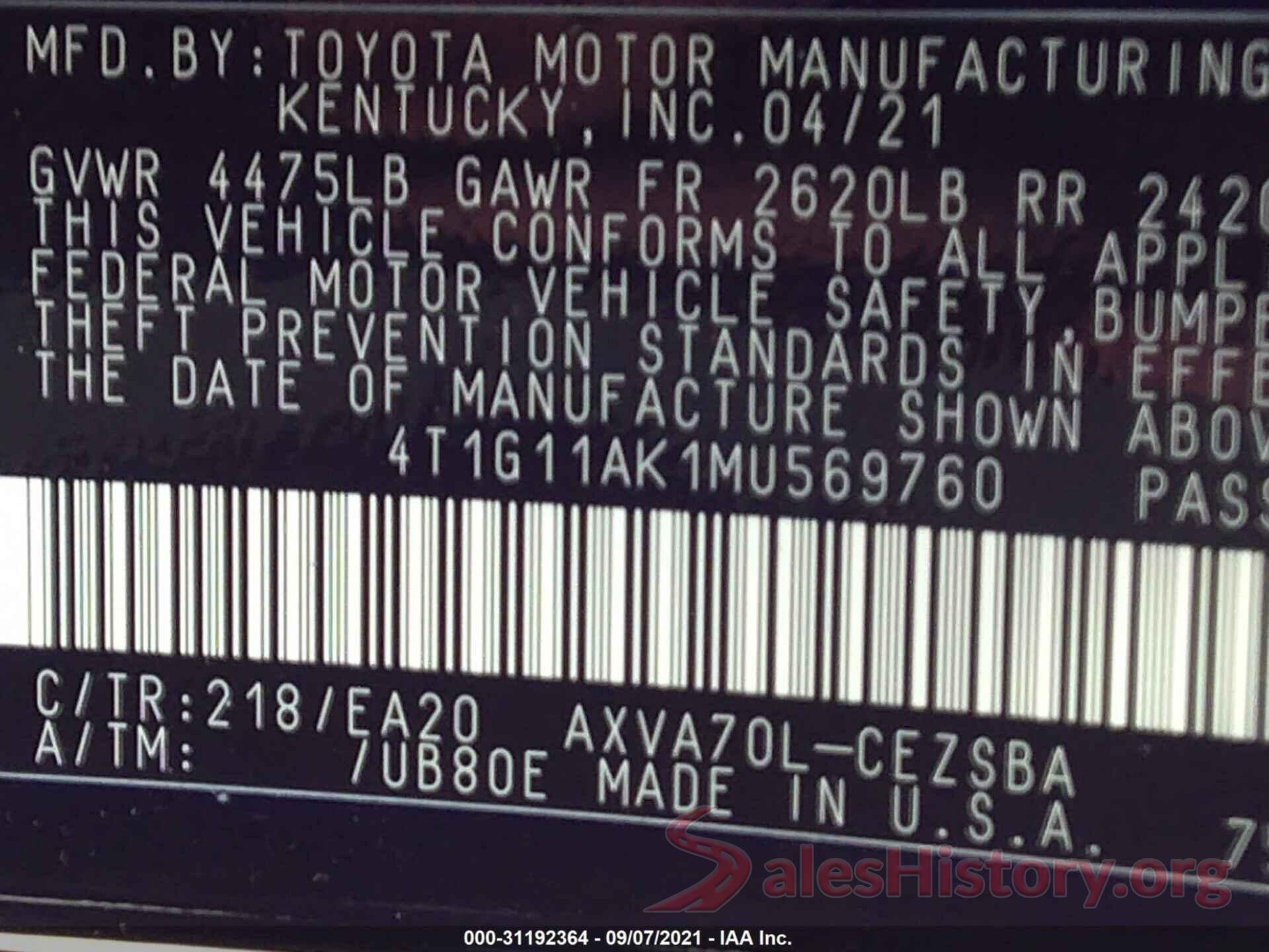 4T1G11AK1MU569760 2021 TOYOTA CAMRY