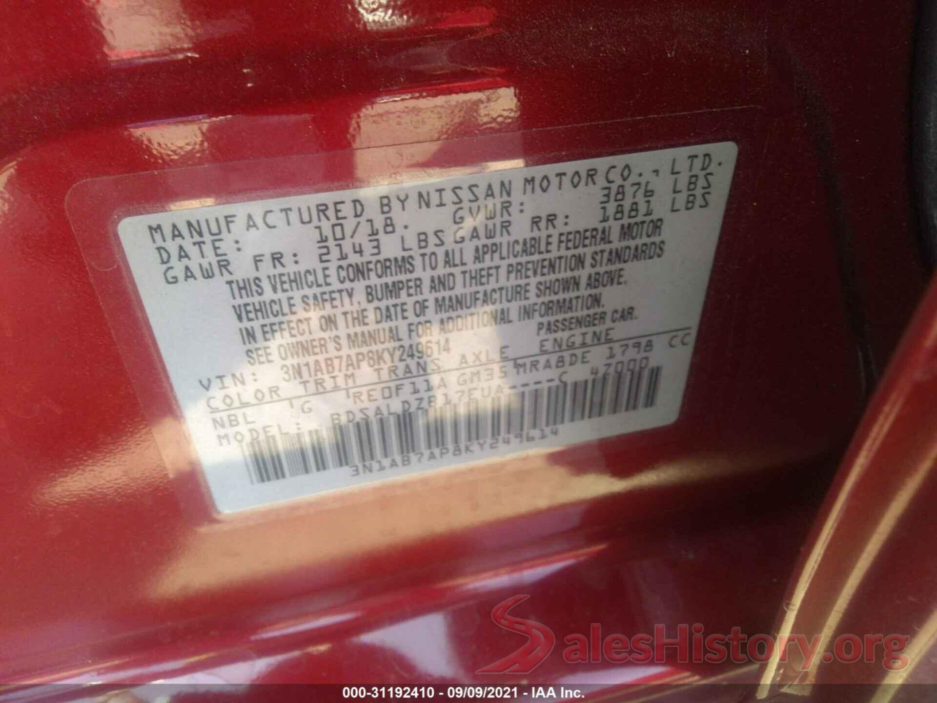 3N1AB7AP8KY249614 2019 NISSAN SENTRA