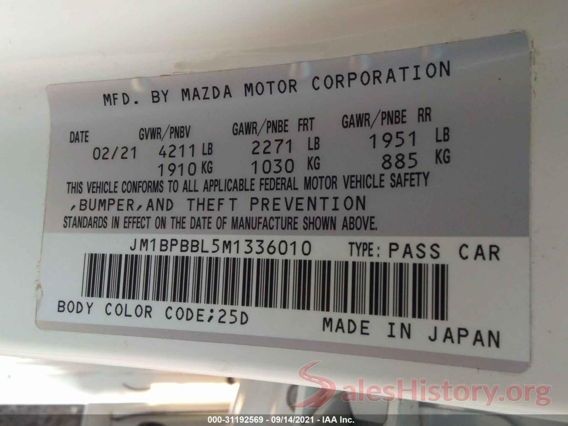 JM1BPBBL5M1336010 2021 MAZDA MAZDA3 SEDAN