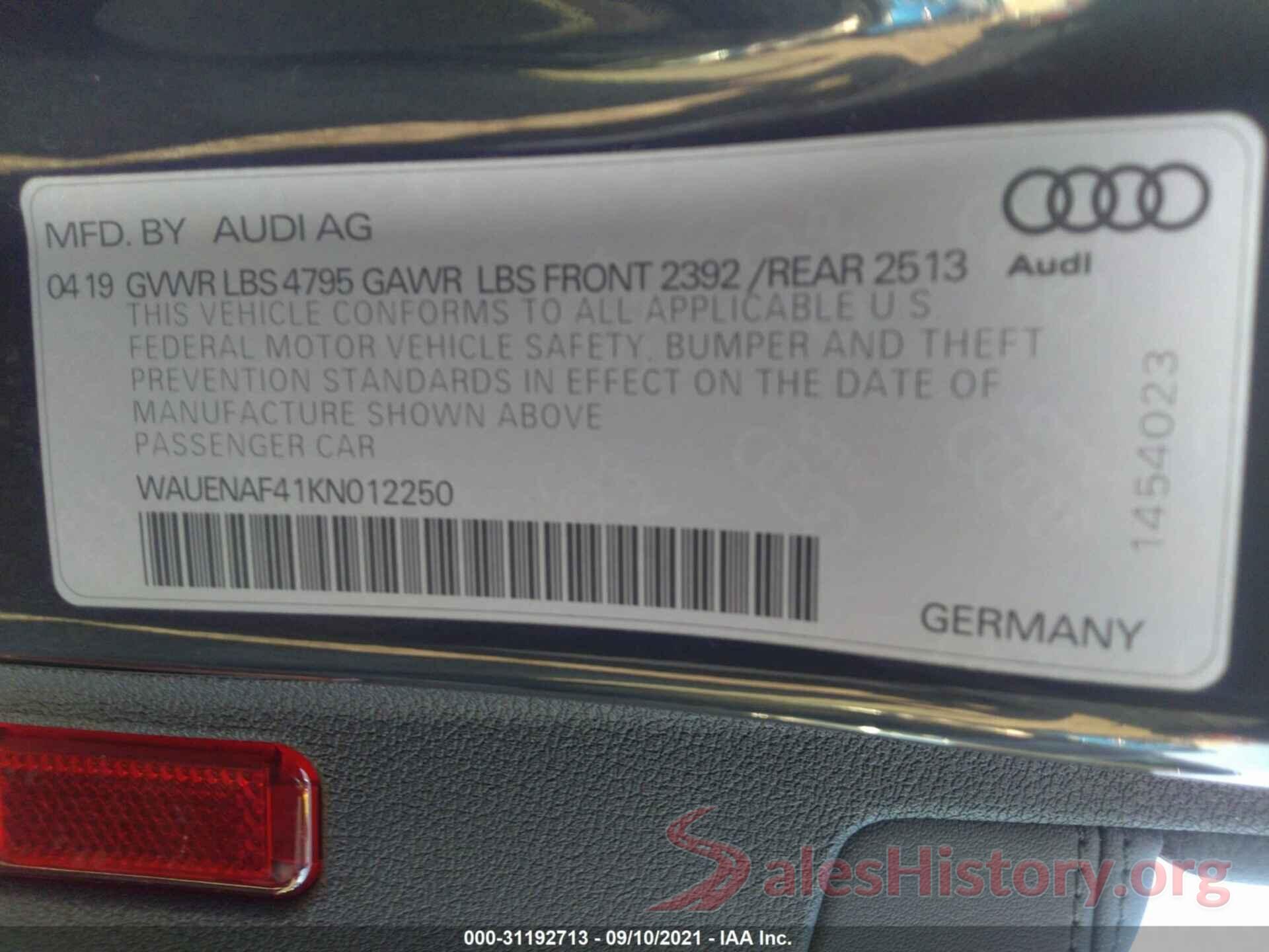 WAUENAF41KN012250 2019 AUDI A4