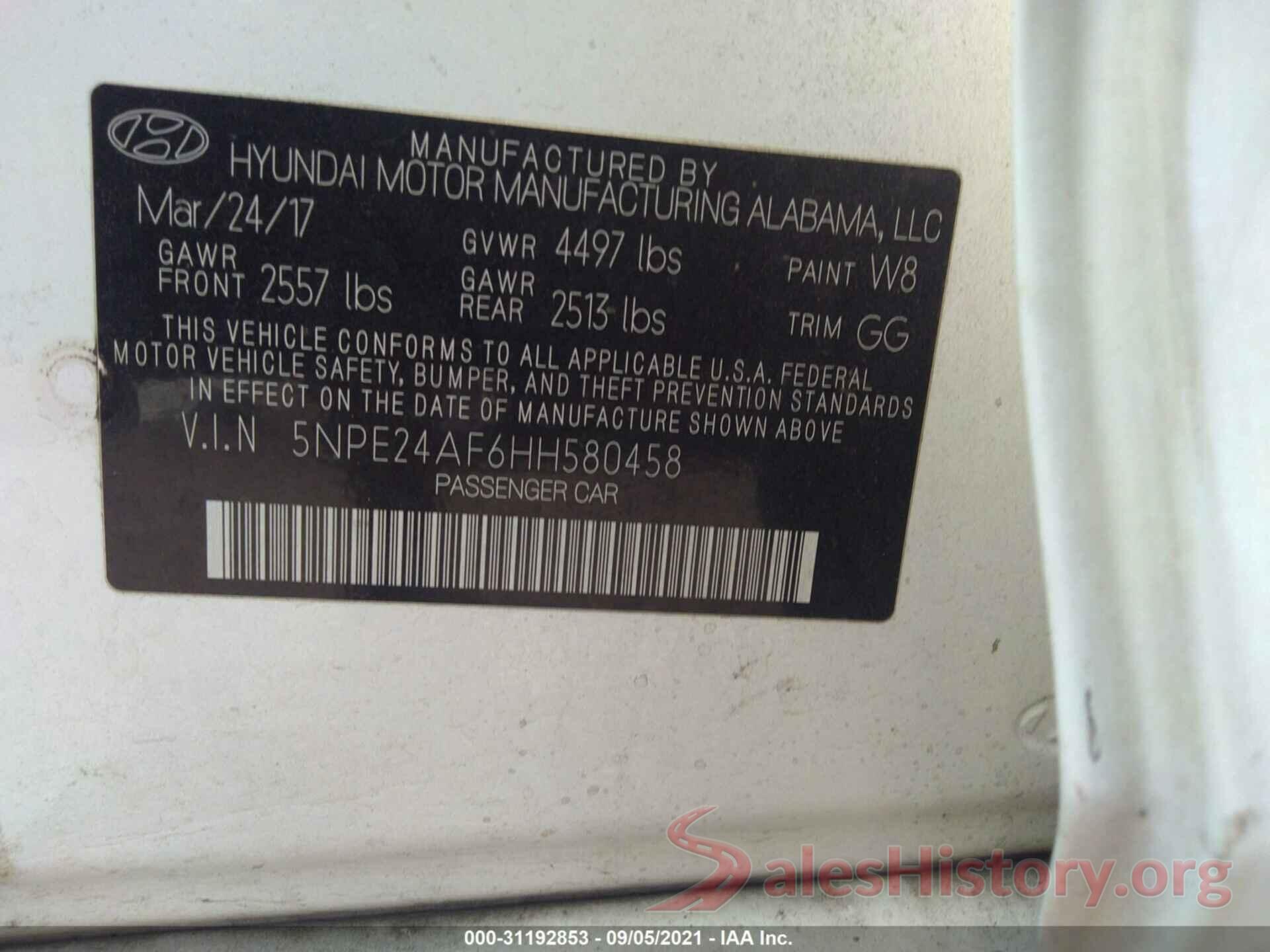 5NPE24AF6HH580458 2017 HYUNDAI SONATA