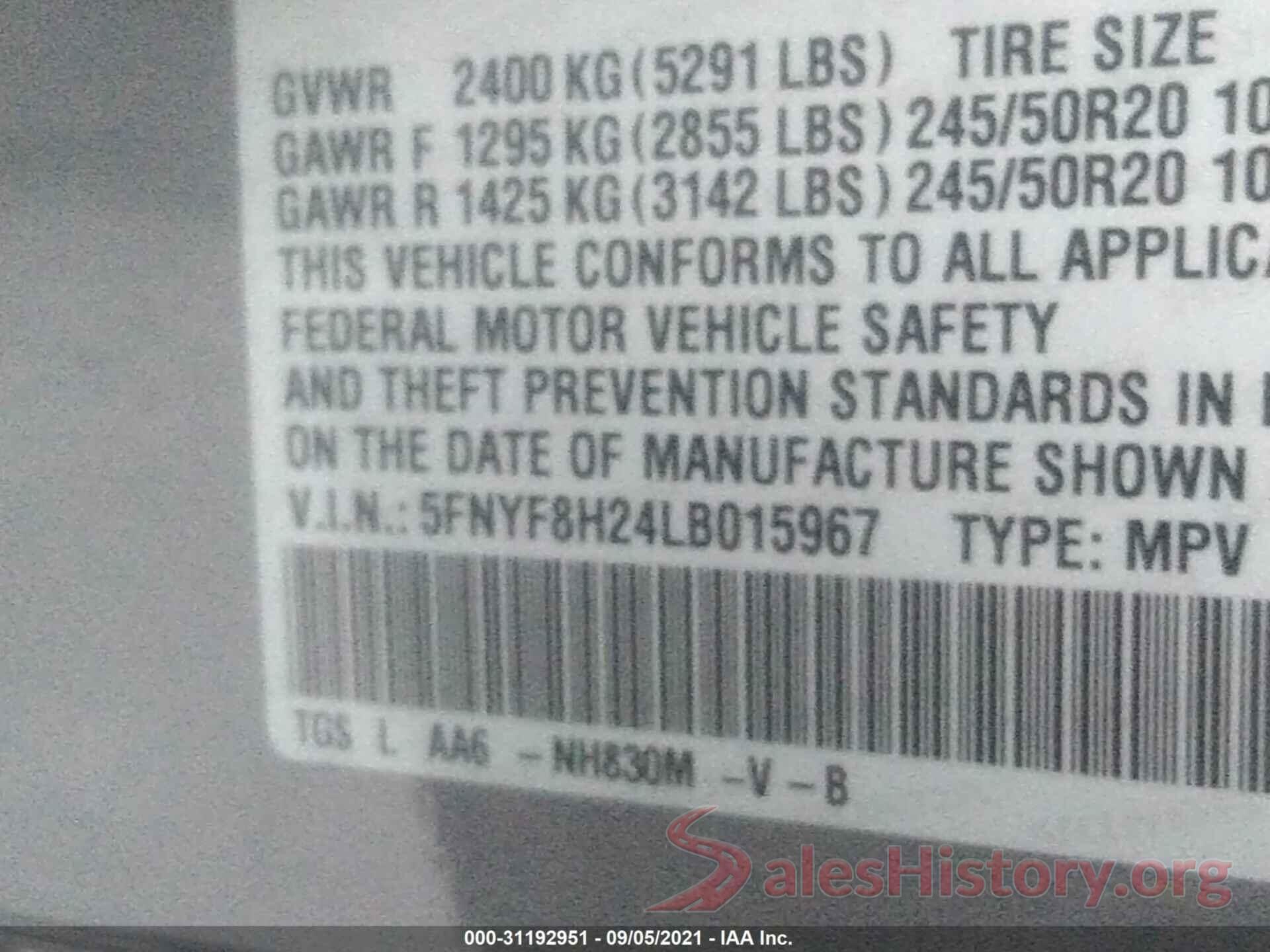 5FNYF8H24LB015967 2020 HONDA PASSPORT