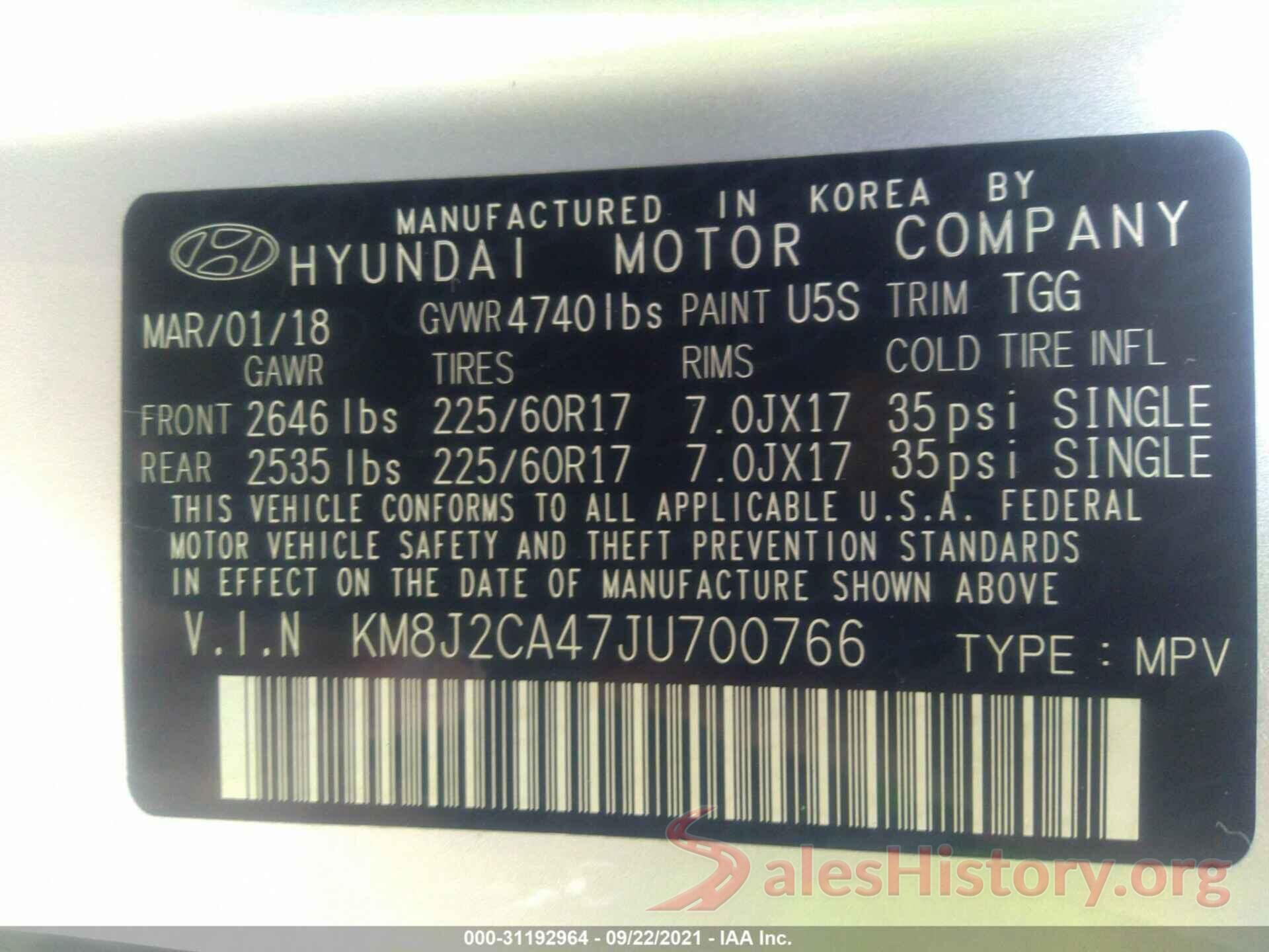 KM8J2CA47JU700766 2018 HYUNDAI TUCSON