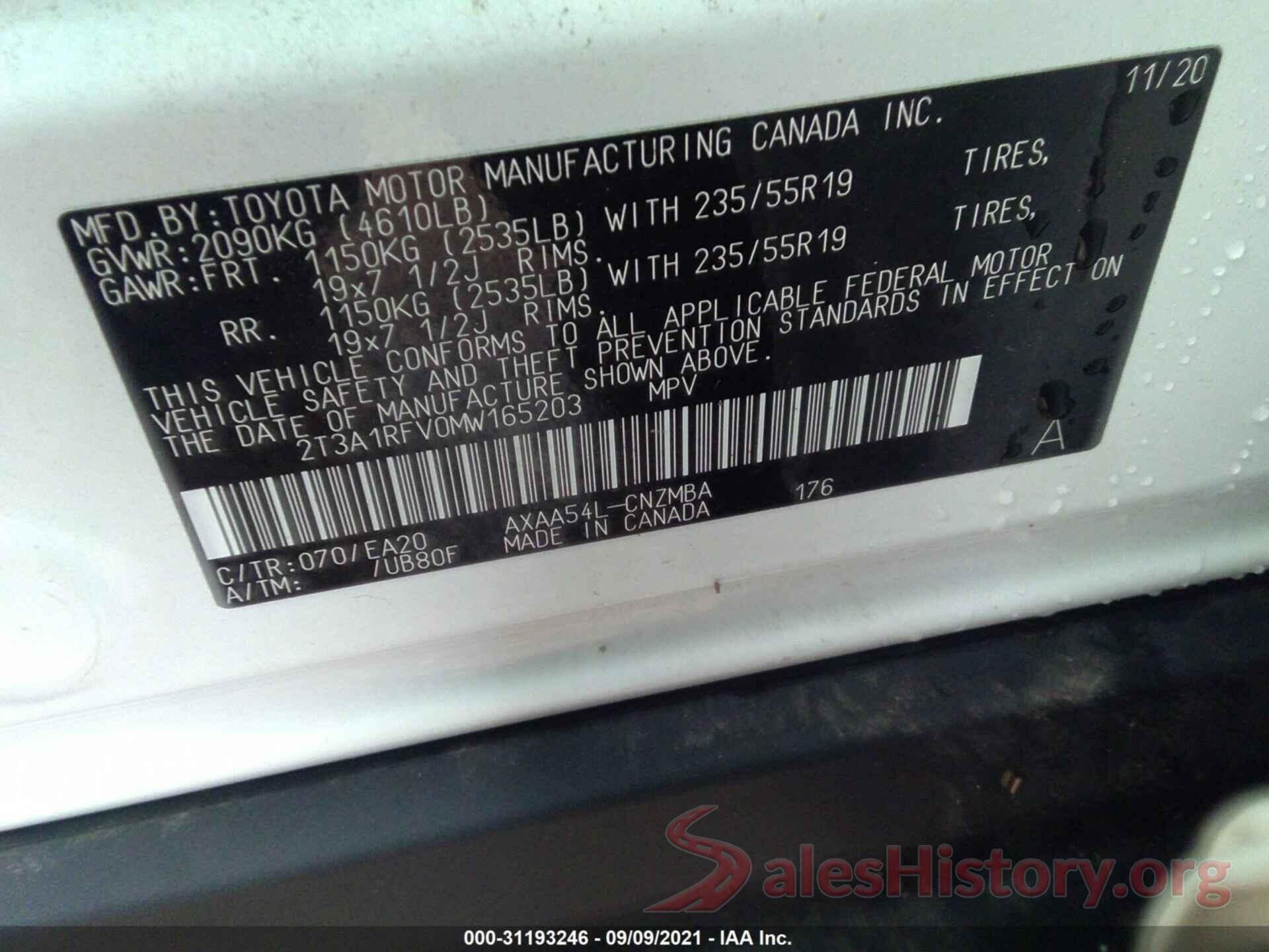 2T3A1RFV0MW165203 2021 TOYOTA RAV4