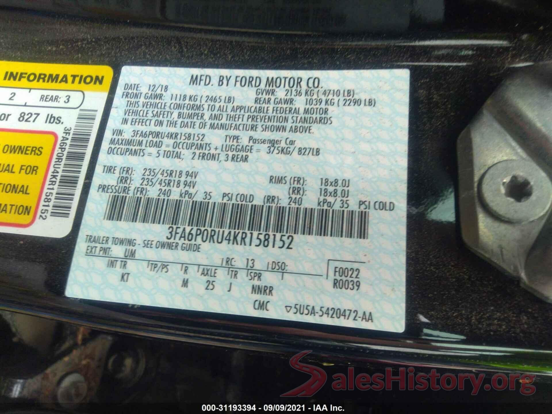 3FA6P0RU4KR158152 2019 FORD FUSION HYBRID