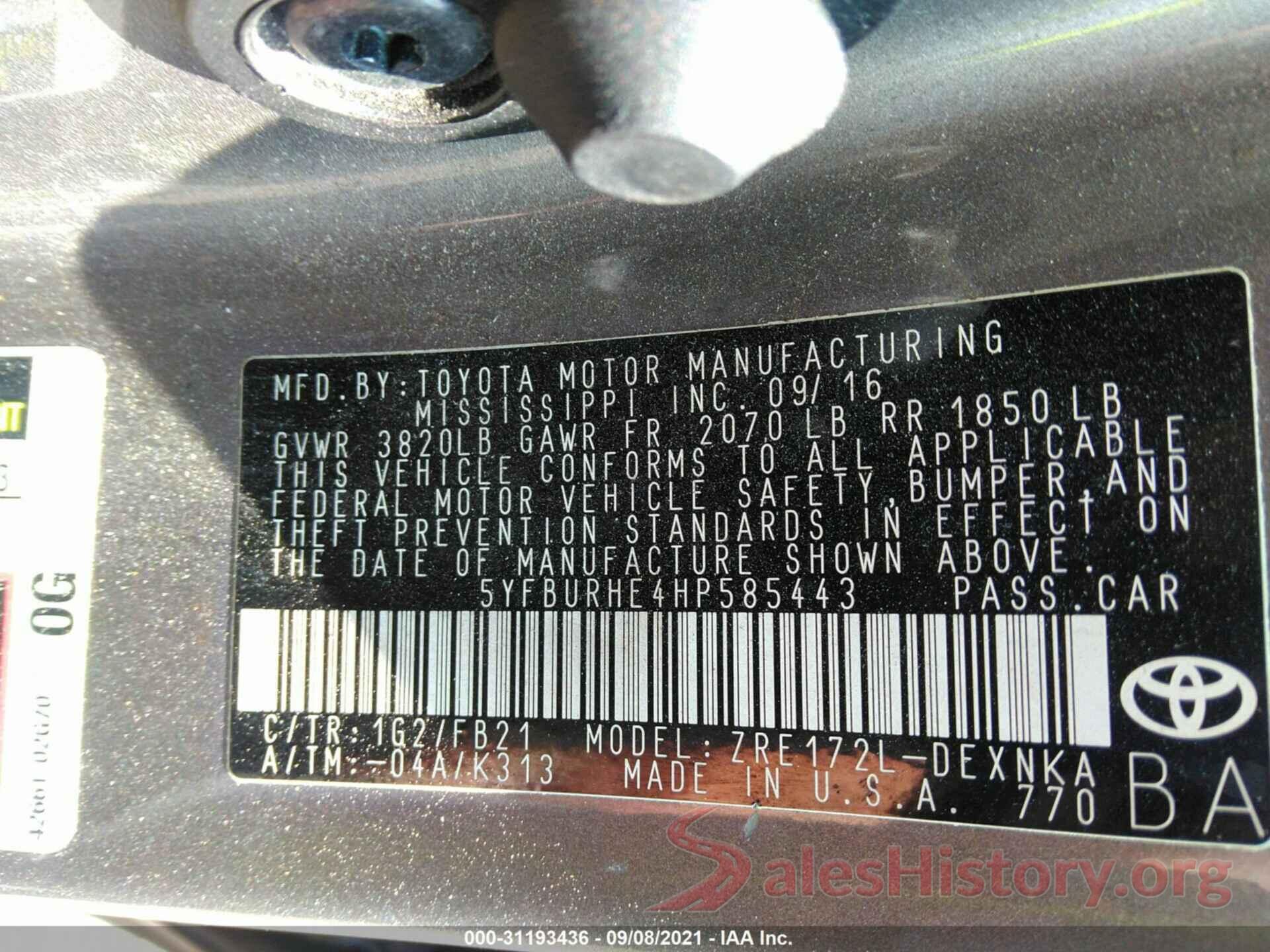 5YFBURHE4HP585443 2017 TOYOTA COROLLA