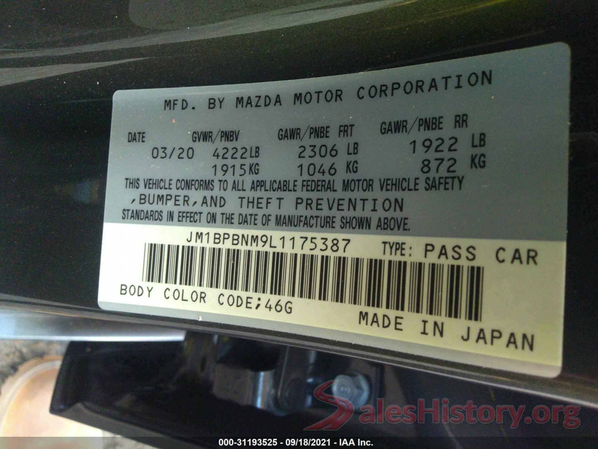 JM1BPBNM9L1175387 2020 MAZDA MAZDA3 HATCHBACK