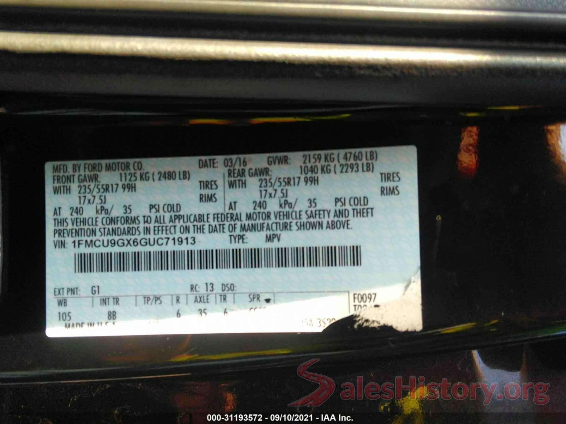 1FMCU9GX6GUC71913 2016 FORD ESCAPE