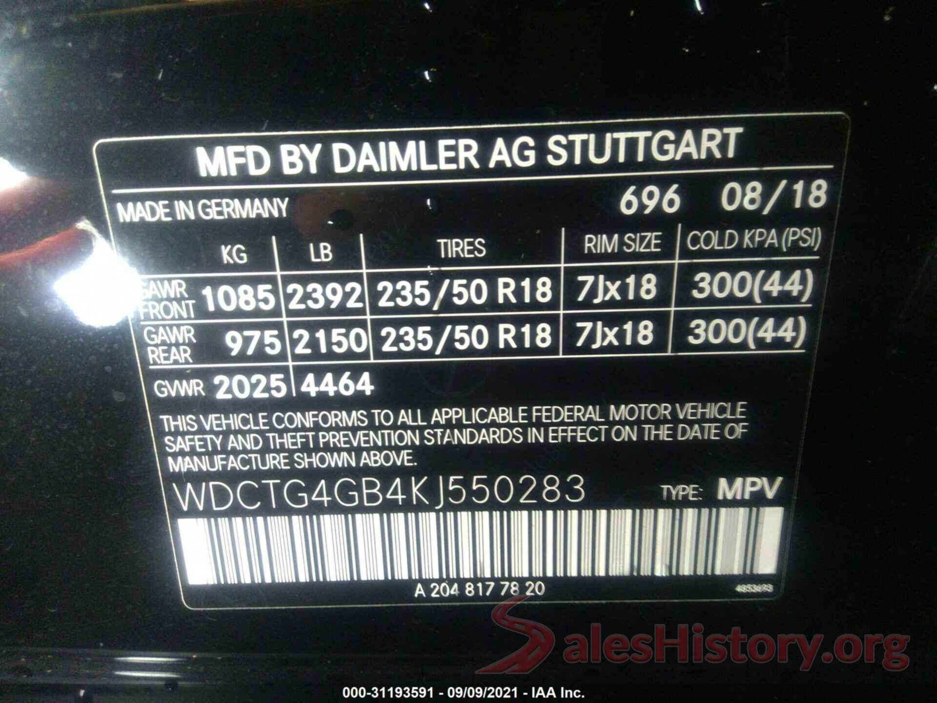 WDCTG4GB4KJ550283 2019 MERCEDES-BENZ GLA