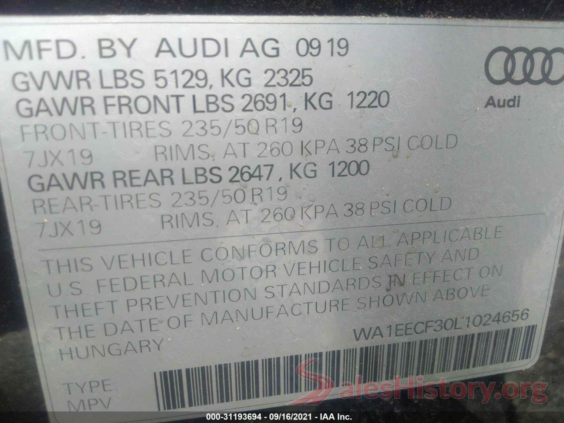 WA1EECF30L1024656 2020 AUDI Q3