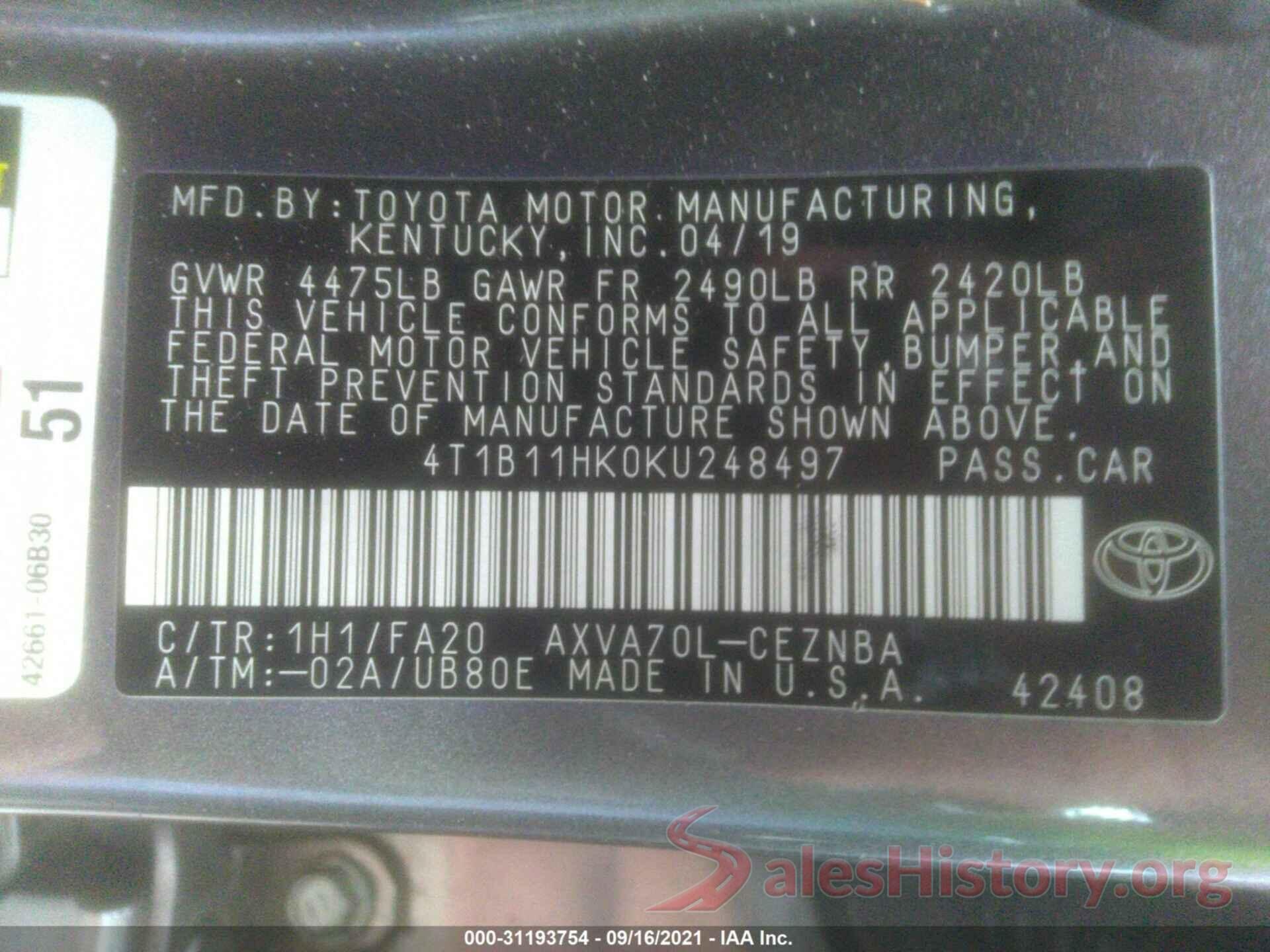 4T1B11HK0KU248497 2019 TOYOTA CAMRY