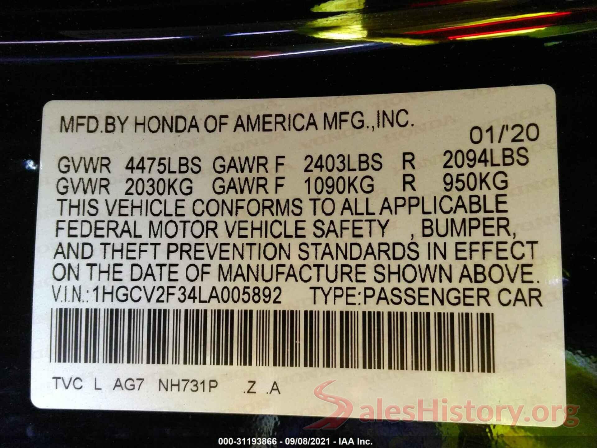 1HGCV2F34LA005892 2020 HONDA ACCORD SEDAN