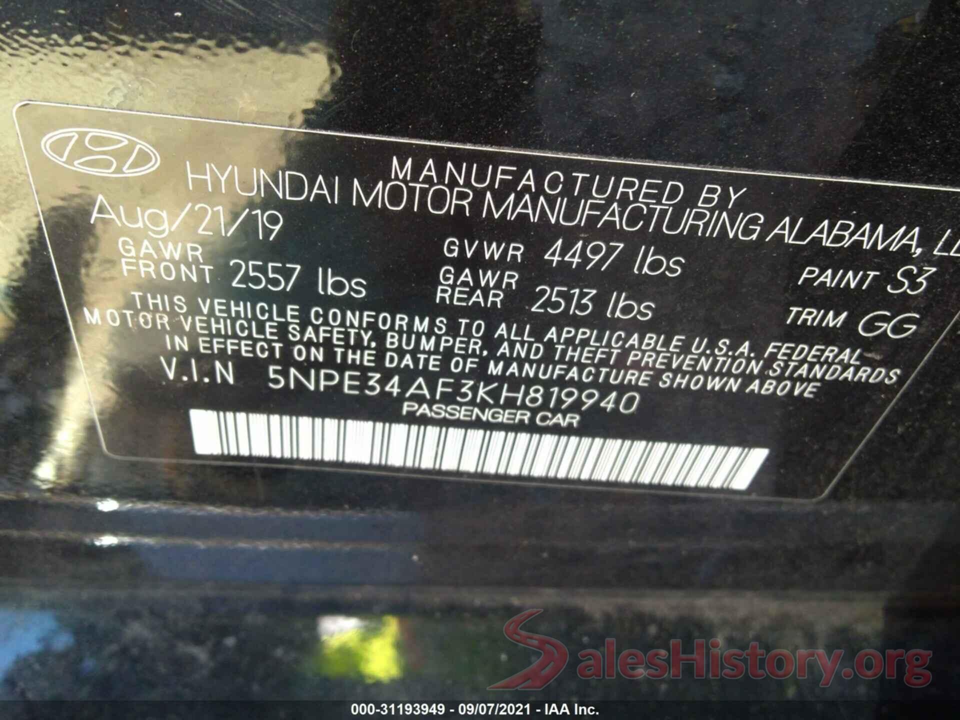 5NPE34AF3KH819940 2019 HYUNDAI SONATA