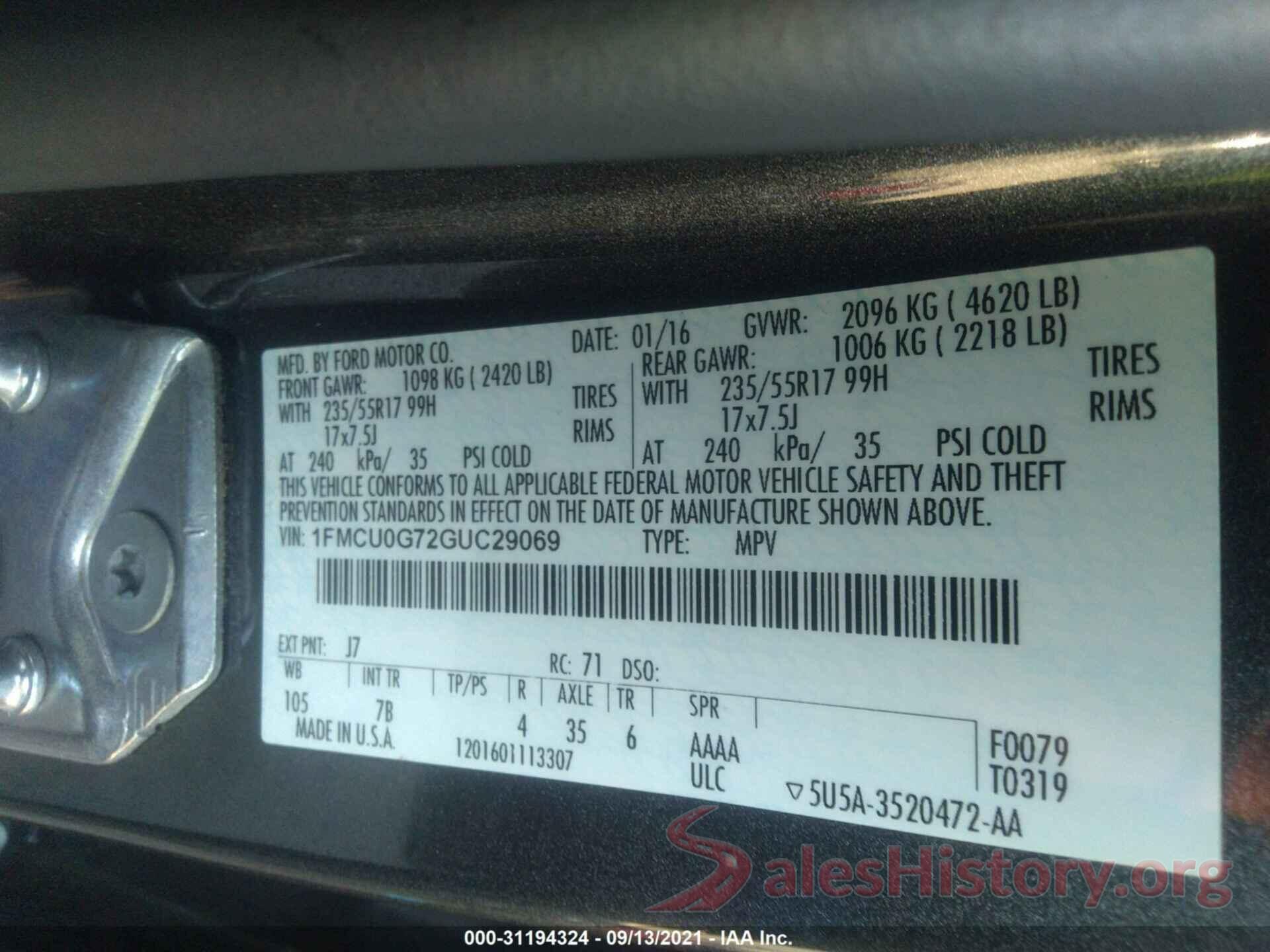 1FMCU0G72GUC29069 2016 FORD ESCAPE