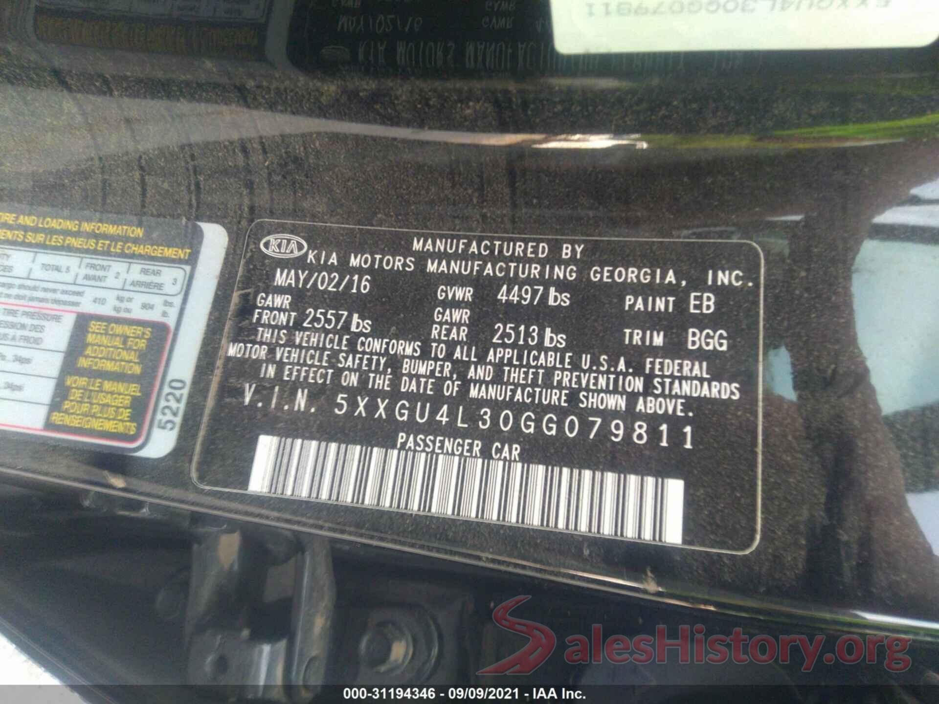 5XXGU4L30GG079811 2016 KIA OPTIMA