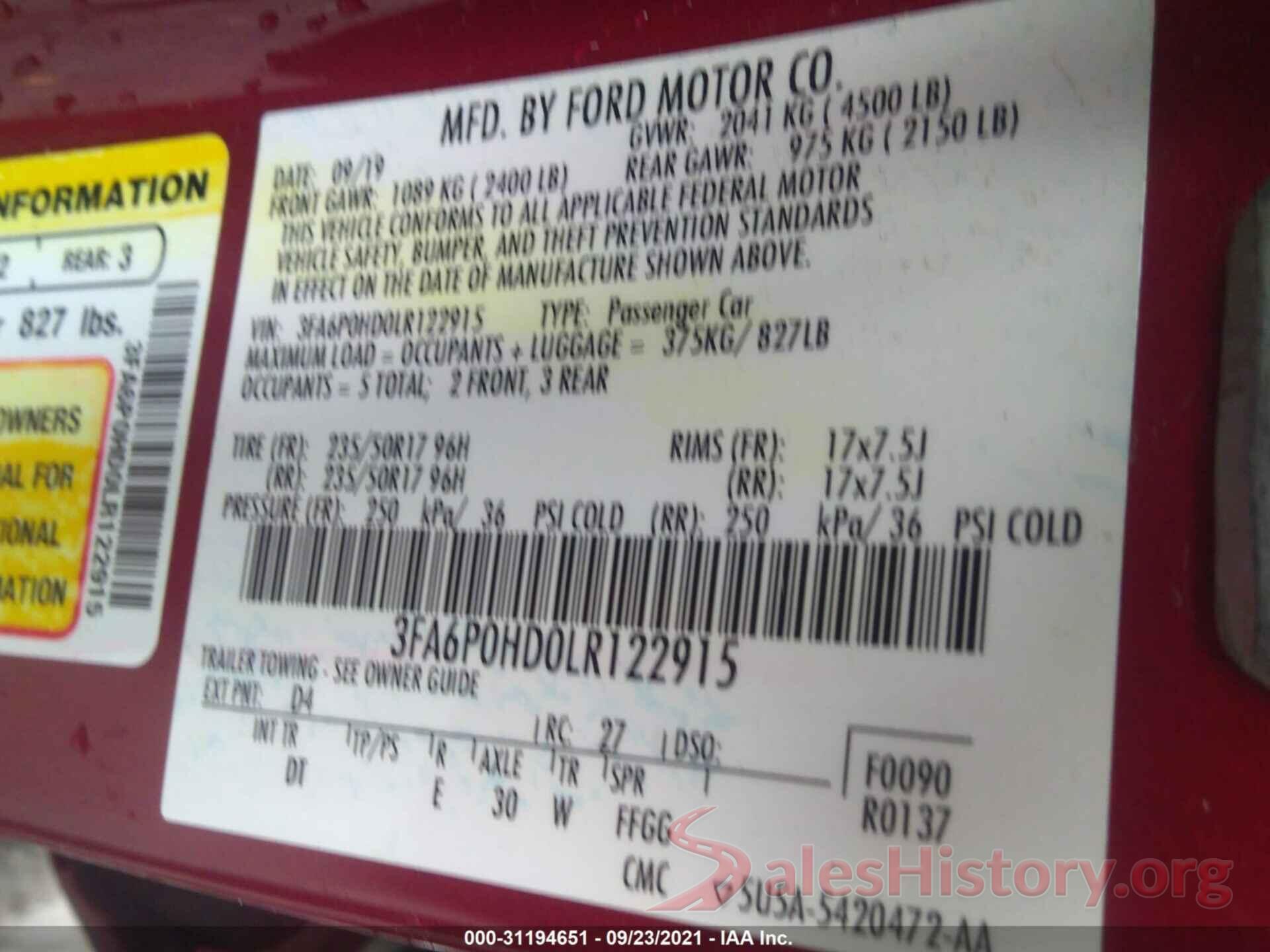 3FA6P0HD0LR122915 2020 FORD FUSION