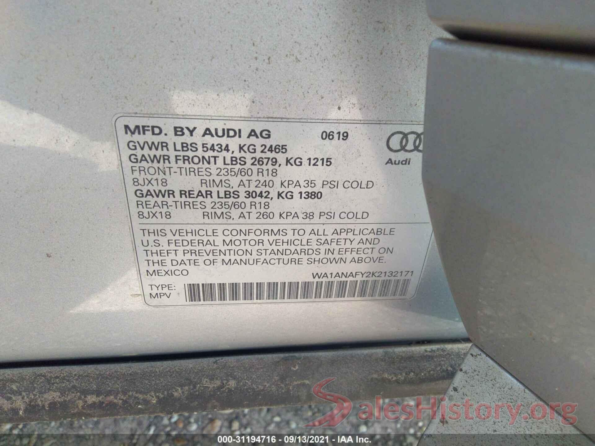 WA1ANAFY2K2132171 2019 AUDI Q5