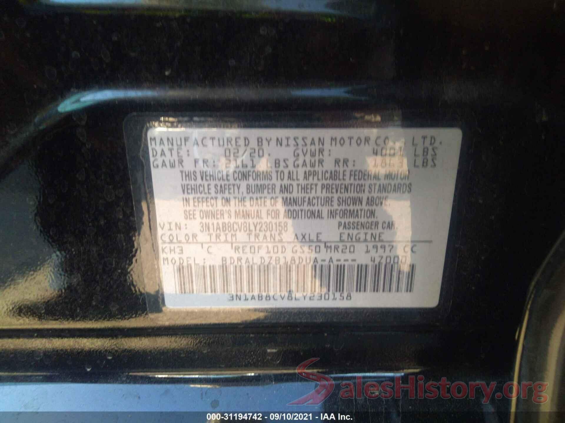 3N1AB8CV8LY230158 2020 NISSAN SENTRA