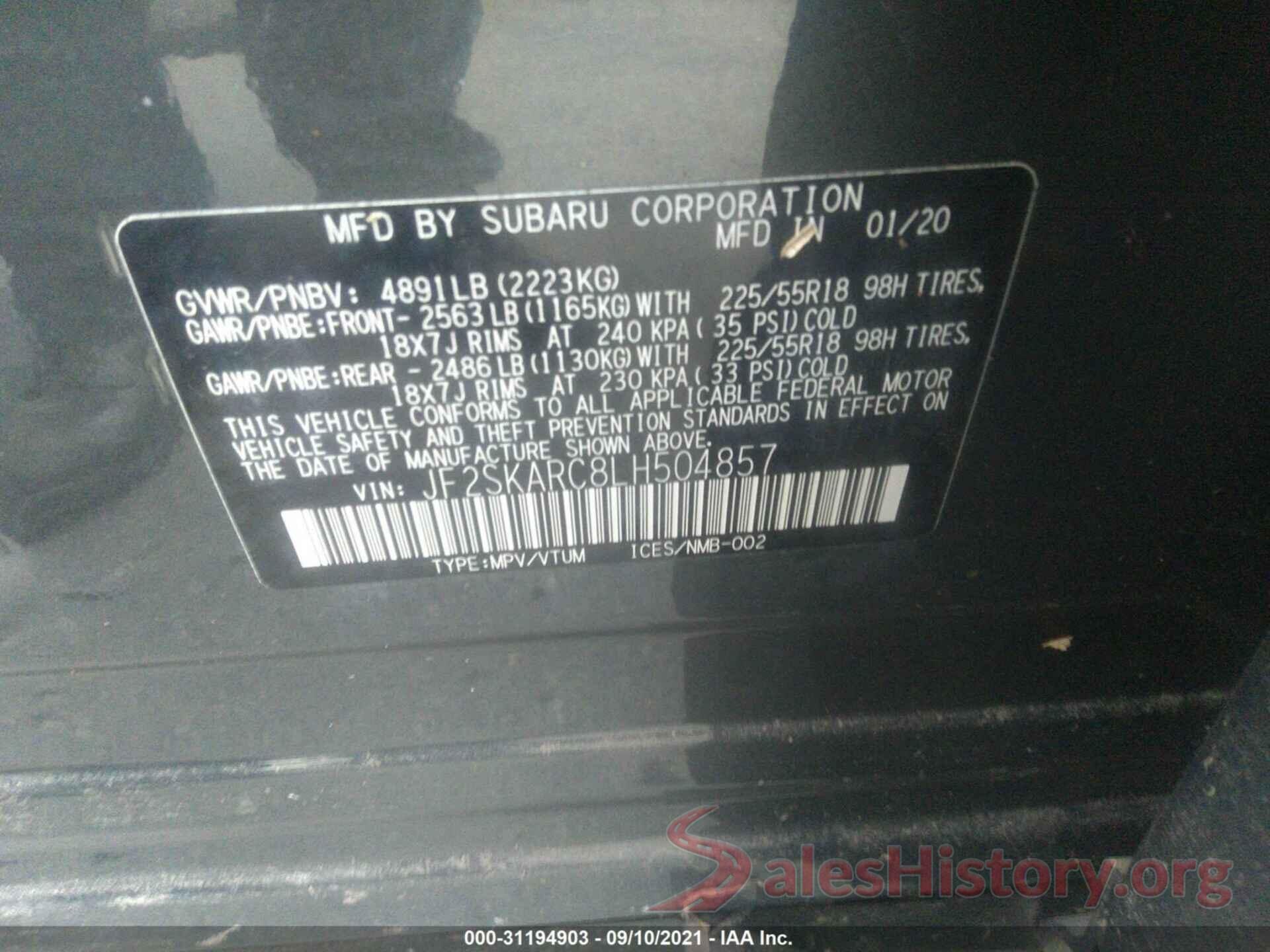 JF2SKARC8LH504857 2020 SUBARU FORESTER