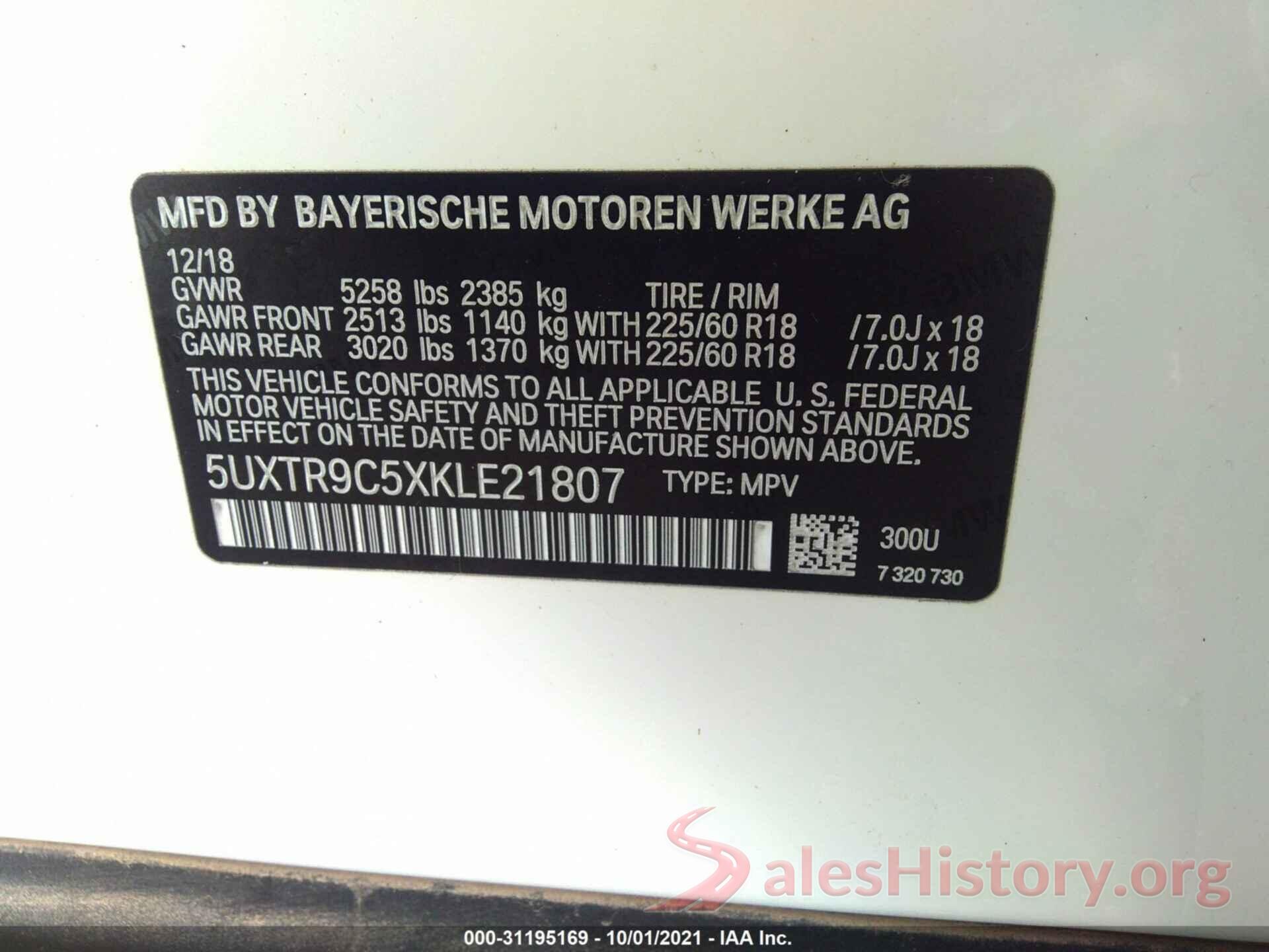 5UXTR9C5XKLE21807 2019 BMW X3